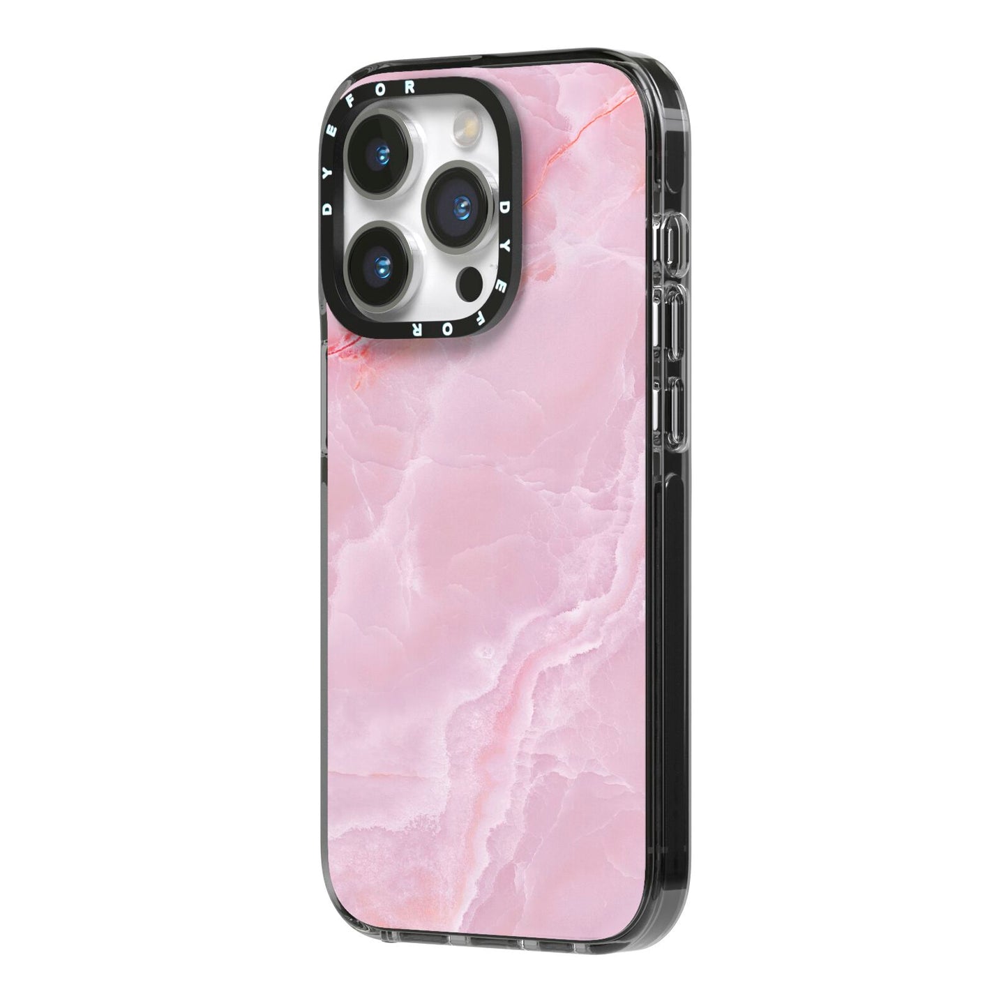 Dreamy Pink Marble iPhone 14 Pro Black Impact Case Side Angle on Silver phone