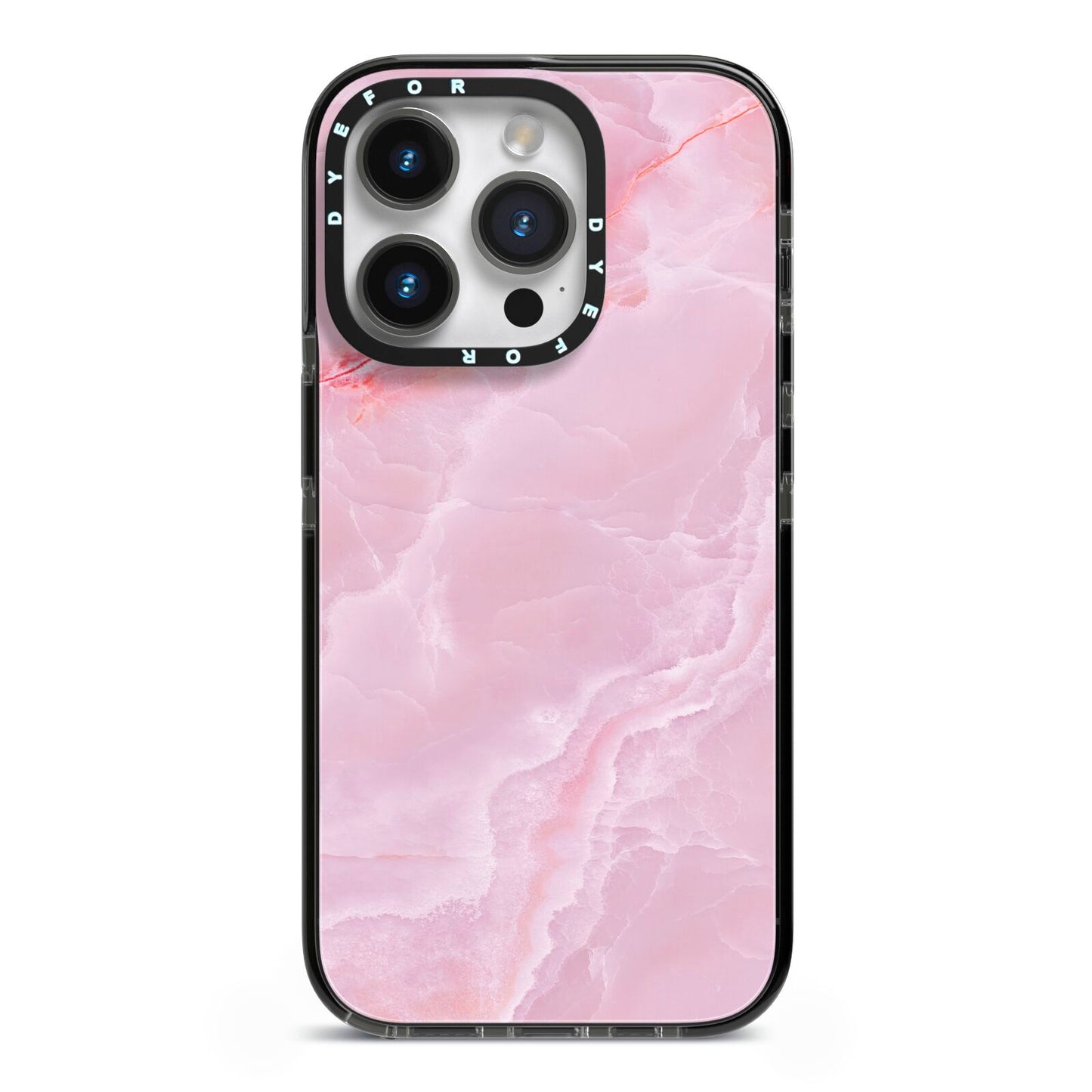 Dreamy Pink Marble iPhone 14 Pro Black Impact Case on Silver phone