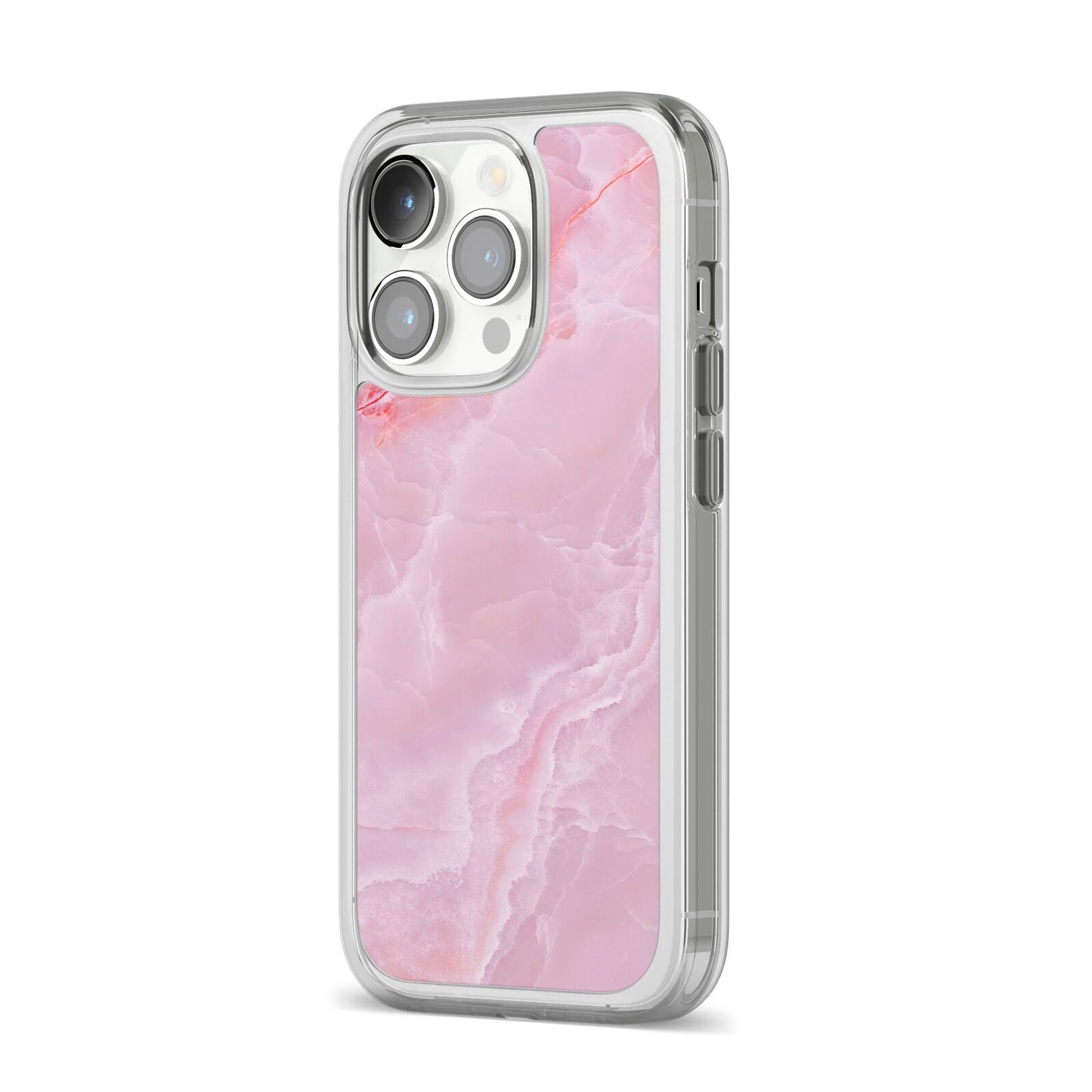 Dreamy Pink Marble iPhone 14 Pro Clear Tough Case Silver Angled Image