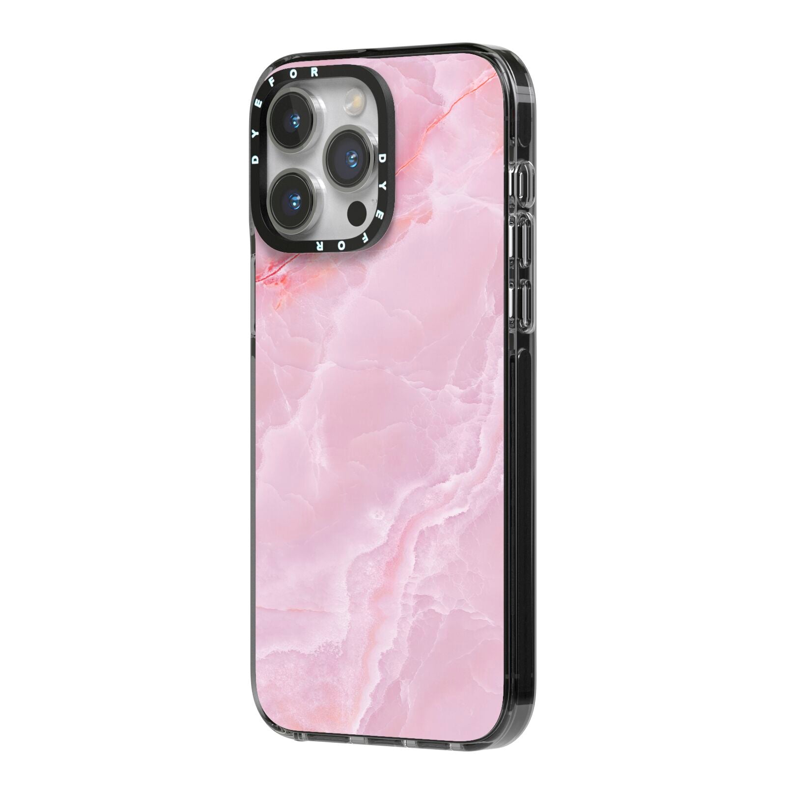 Dreamy Pink Marble iPhone 14 Pro Max Black Impact Case Side Angle on Silver phone