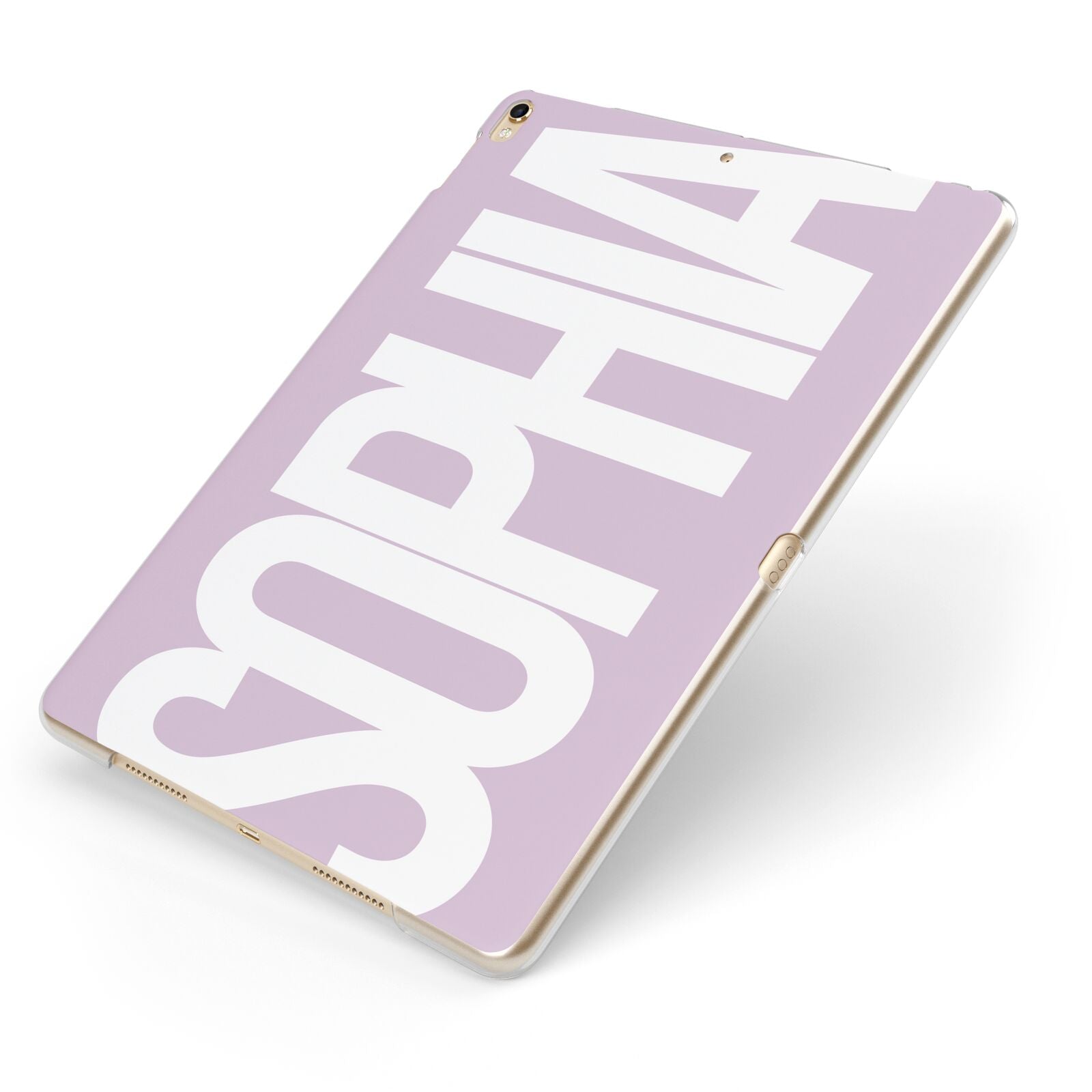 Dusty Pink with Bold White Text Apple iPad Case on Gold iPad Side View