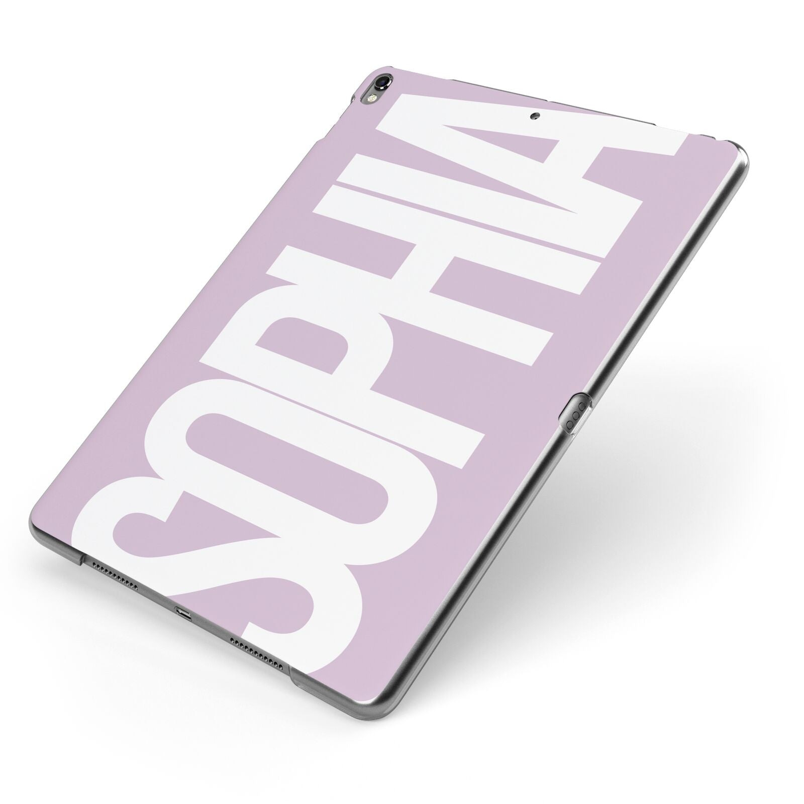 Dusty Pink with Bold White Text Apple iPad Case on Grey iPad Side View