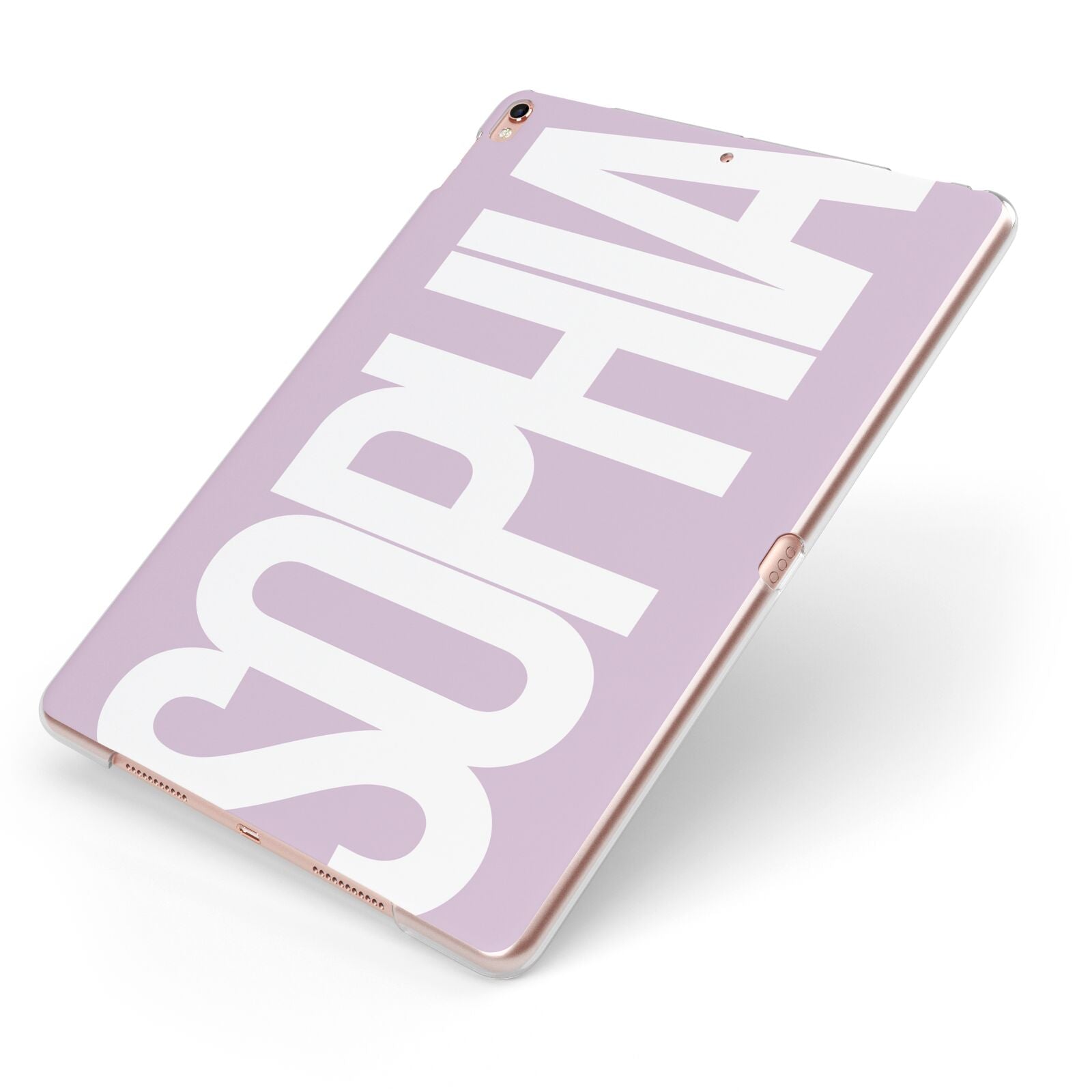 Dusty Pink with Bold White Text Apple iPad Case on Rose Gold iPad Side View