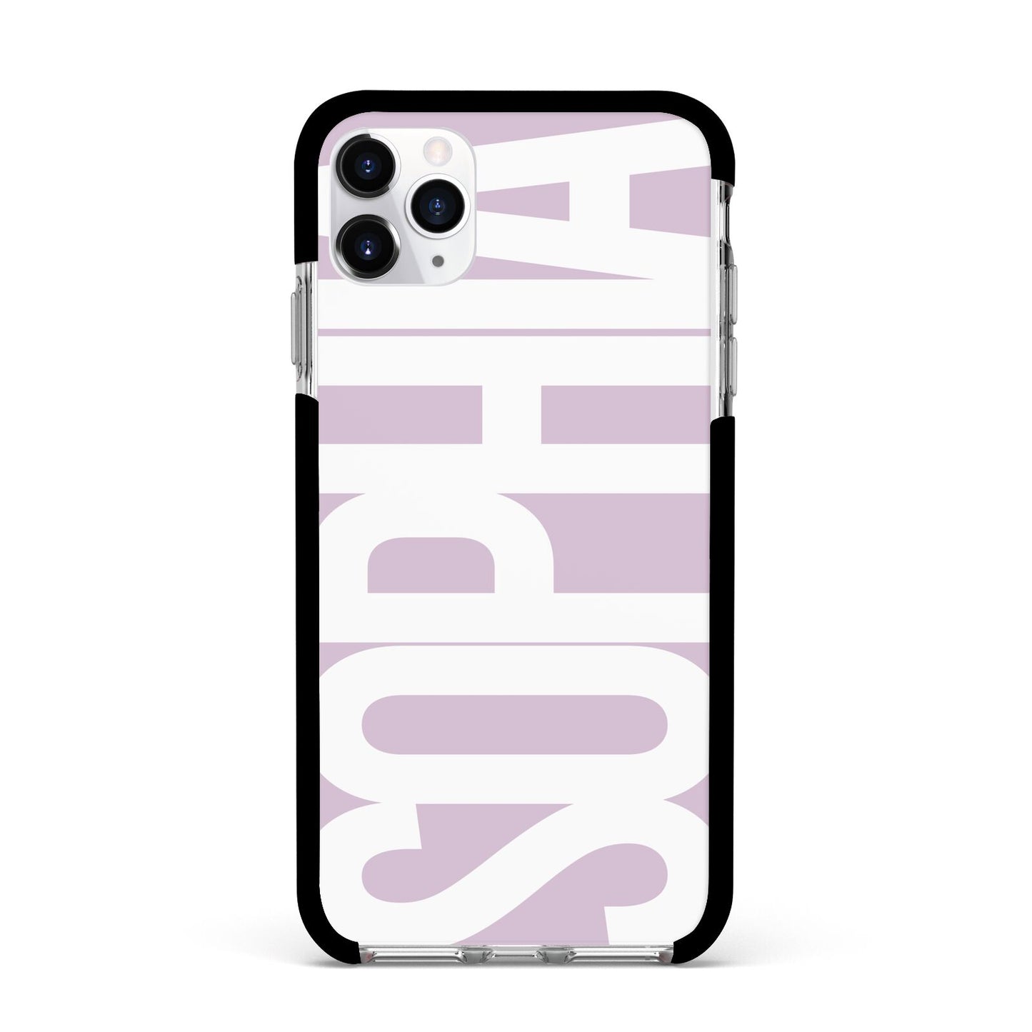 Dusty Pink with Bold White Text Apple iPhone 11 Pro Max in Silver with Black Impact Case