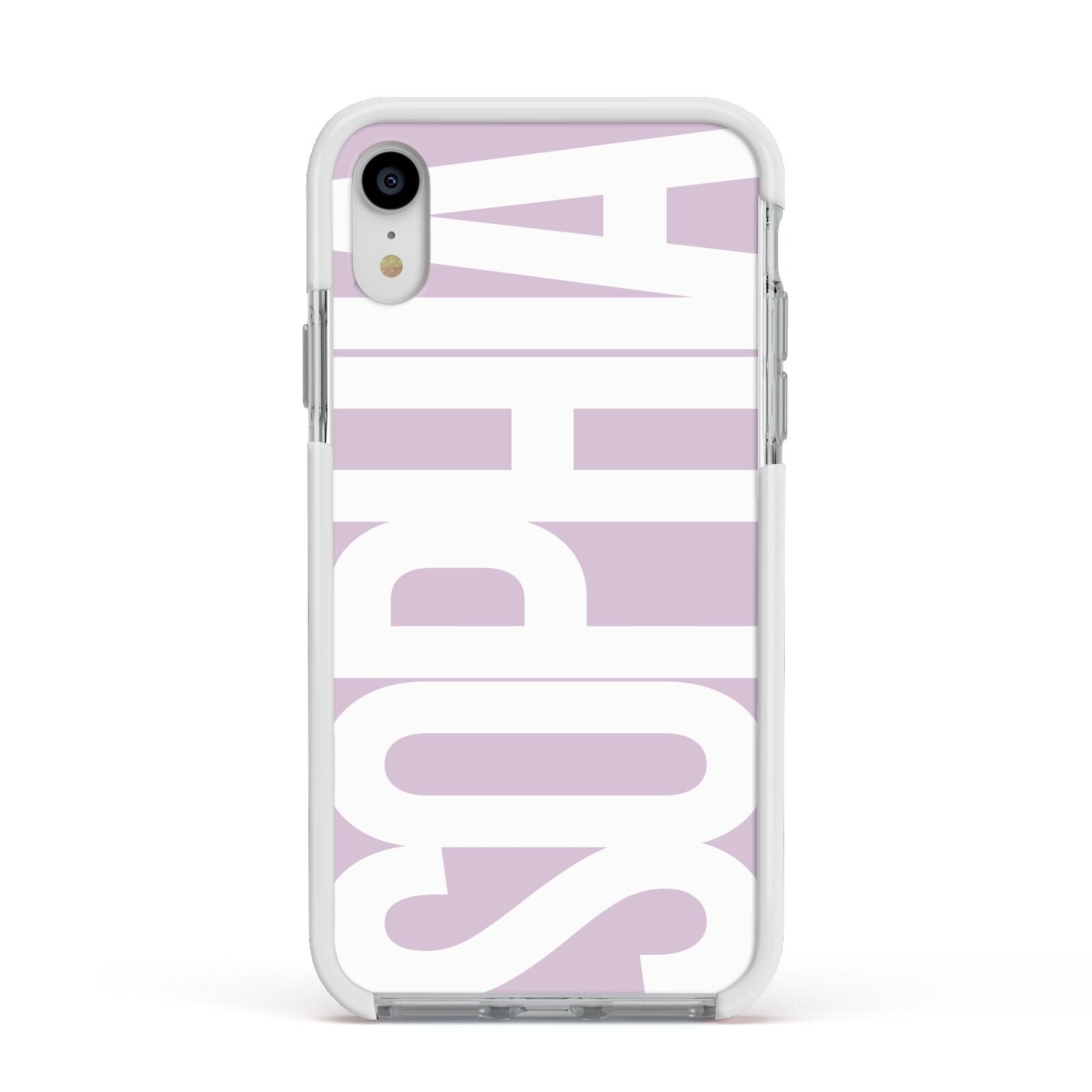 Dusty Pink with Bold White Text Apple iPhone XR Impact Case White Edge on Silver Phone