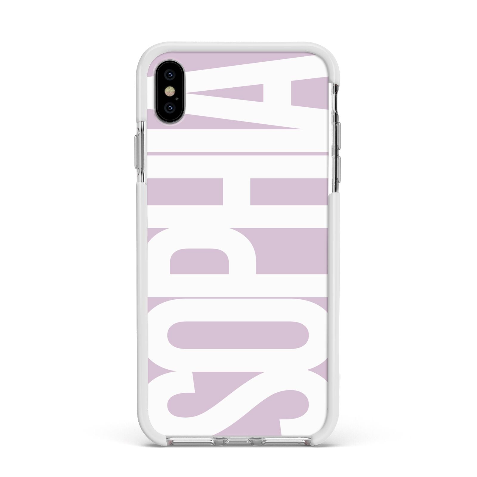 Dusty Pink with Bold White Text Apple iPhone Xs Max Impact Case White Edge on Silver Phone