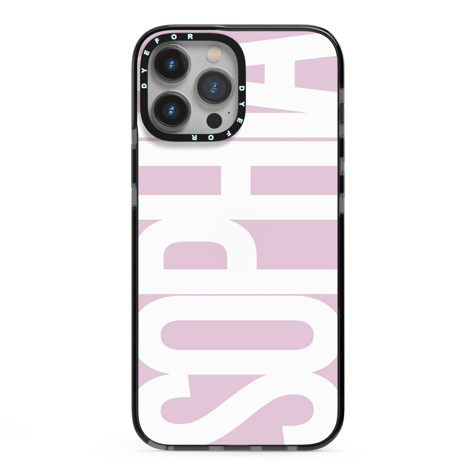Dusty Pink with Bold White Text iPhone 13 Pro Max Black Impact Case on Silver phone