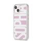 Dusty Pink with Bold White Text iPhone 14 Clear Tough Case Starlight Angled Image