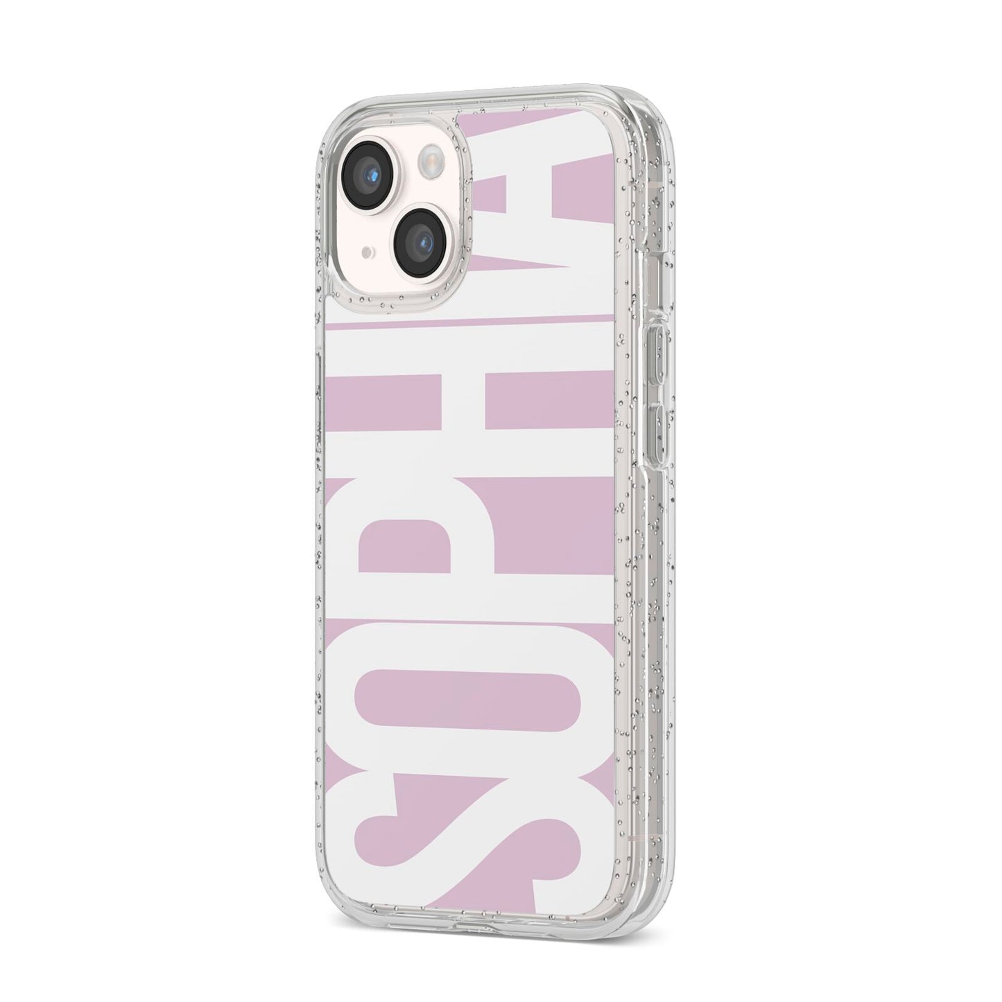 Dusty Pink with Bold White Text iPhone 14 Glitter Tough Case Starlight Angled Image