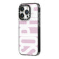 Dusty Pink with Bold White Text iPhone 14 Pro Black Impact Case Side Angle on Silver phone
