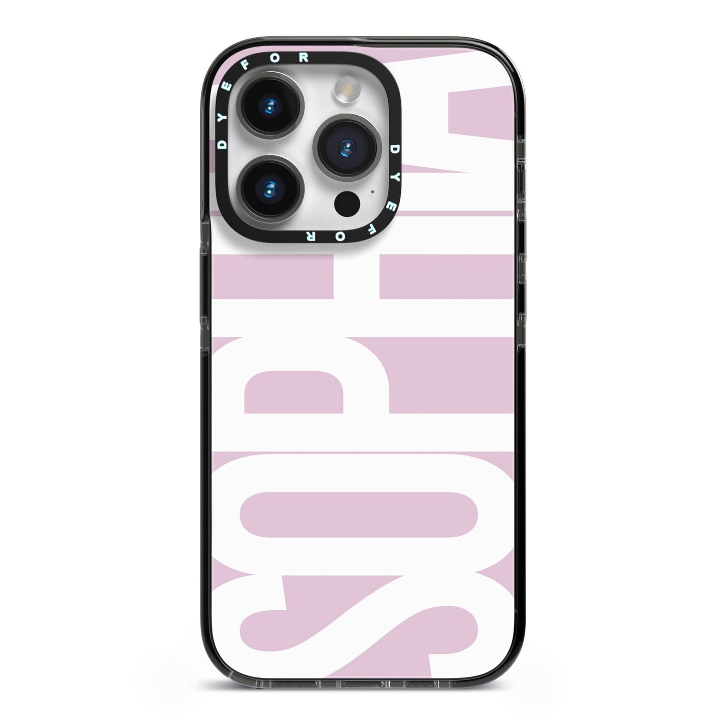 Dusty Pink with Bold White Text iPhone 14 Pro Black Impact Case on Silver phone