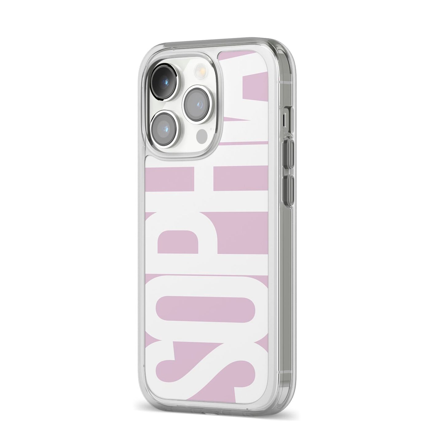 Dusty Pink with Bold White Text iPhone 14 Pro Clear Tough Case Silver Angled Image