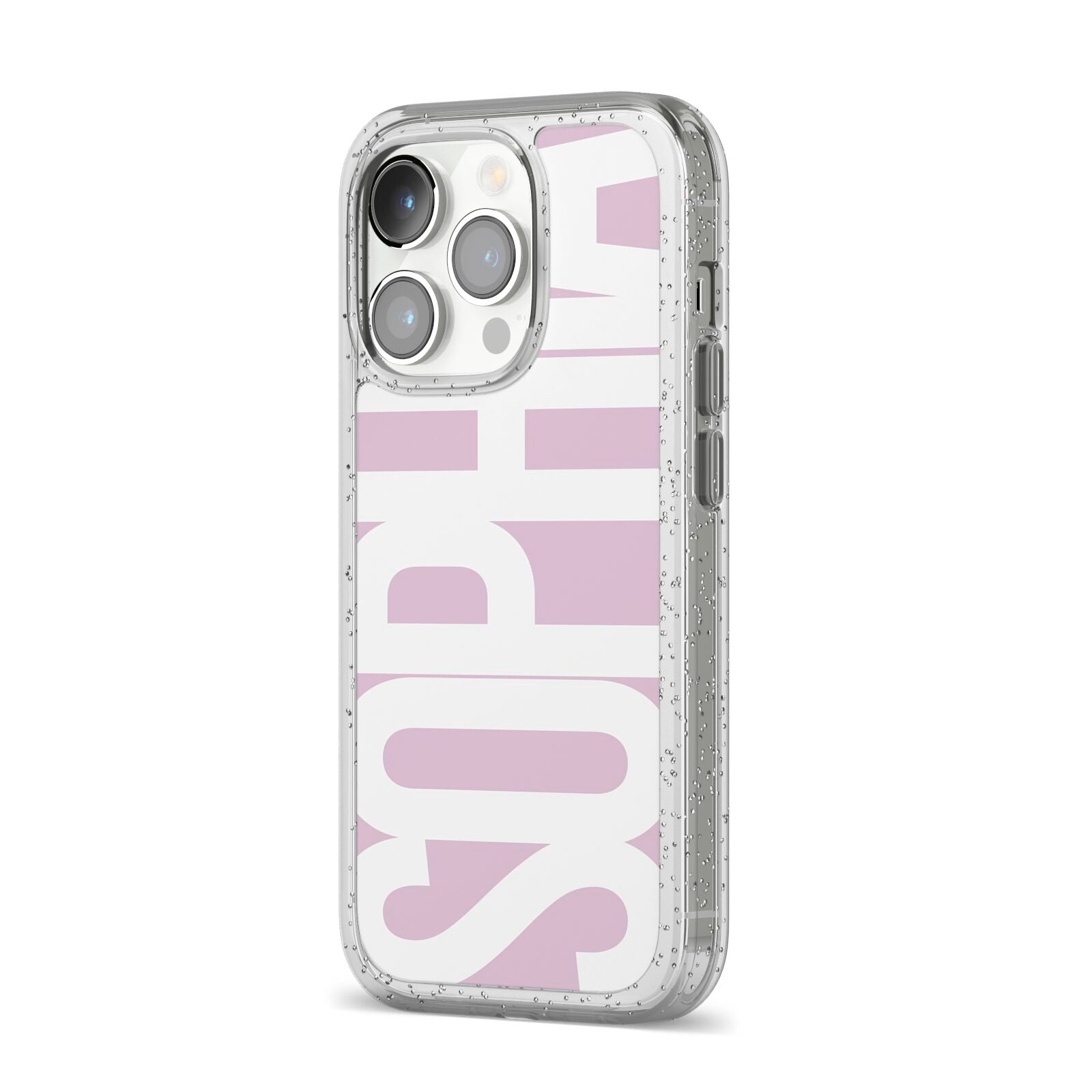Dusty Pink with Bold White Text iPhone 14 Pro Glitter Tough Case Silver Angled Image