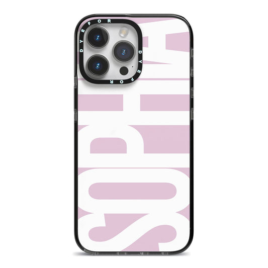 Dusty Pink with Bold White Text iPhone 14 Pro Max Black Impact Case on Silver phone
