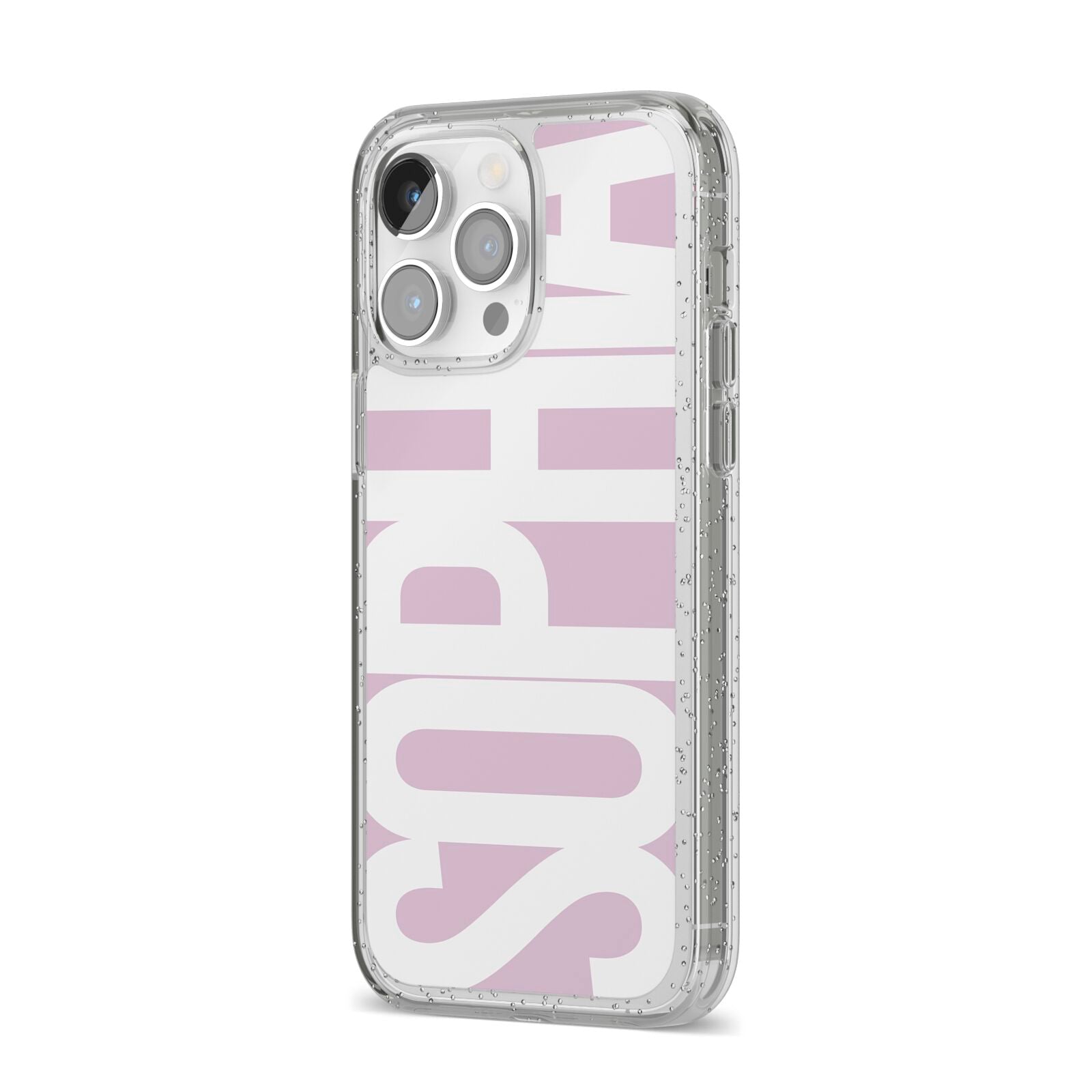 Dusty Pink with Bold White Text iPhone 14 Pro Max Glitter Tough Case Silver Angled Image