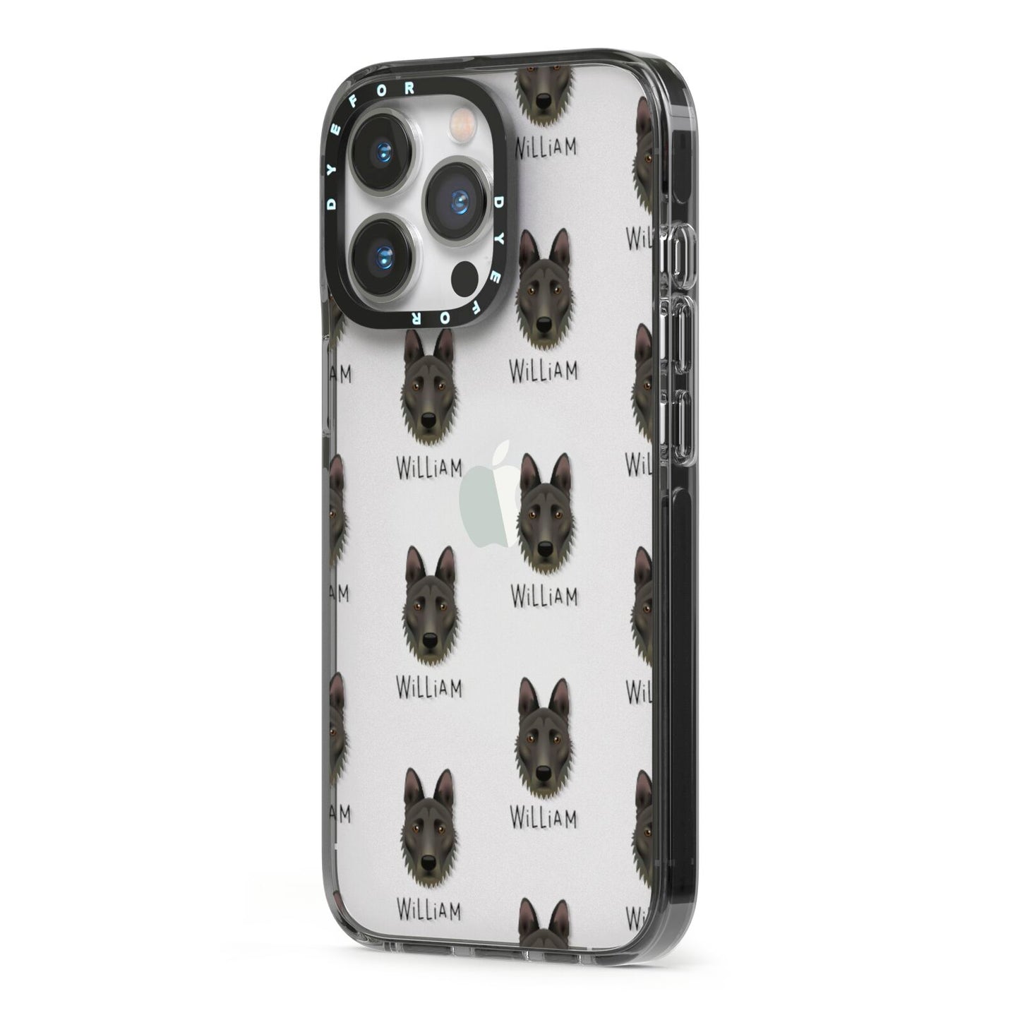 Dutch Shepherd Icon with Name iPhone 13 Pro Black Impact Case Side Angle on Silver phone