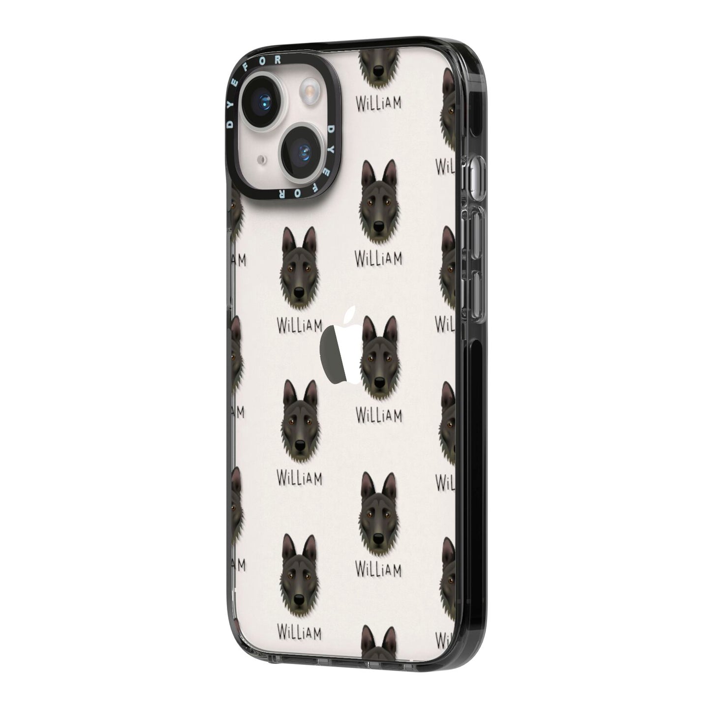 Dutch Shepherd Icon with Name iPhone 14 Black Impact Case Side Angle on Silver phone