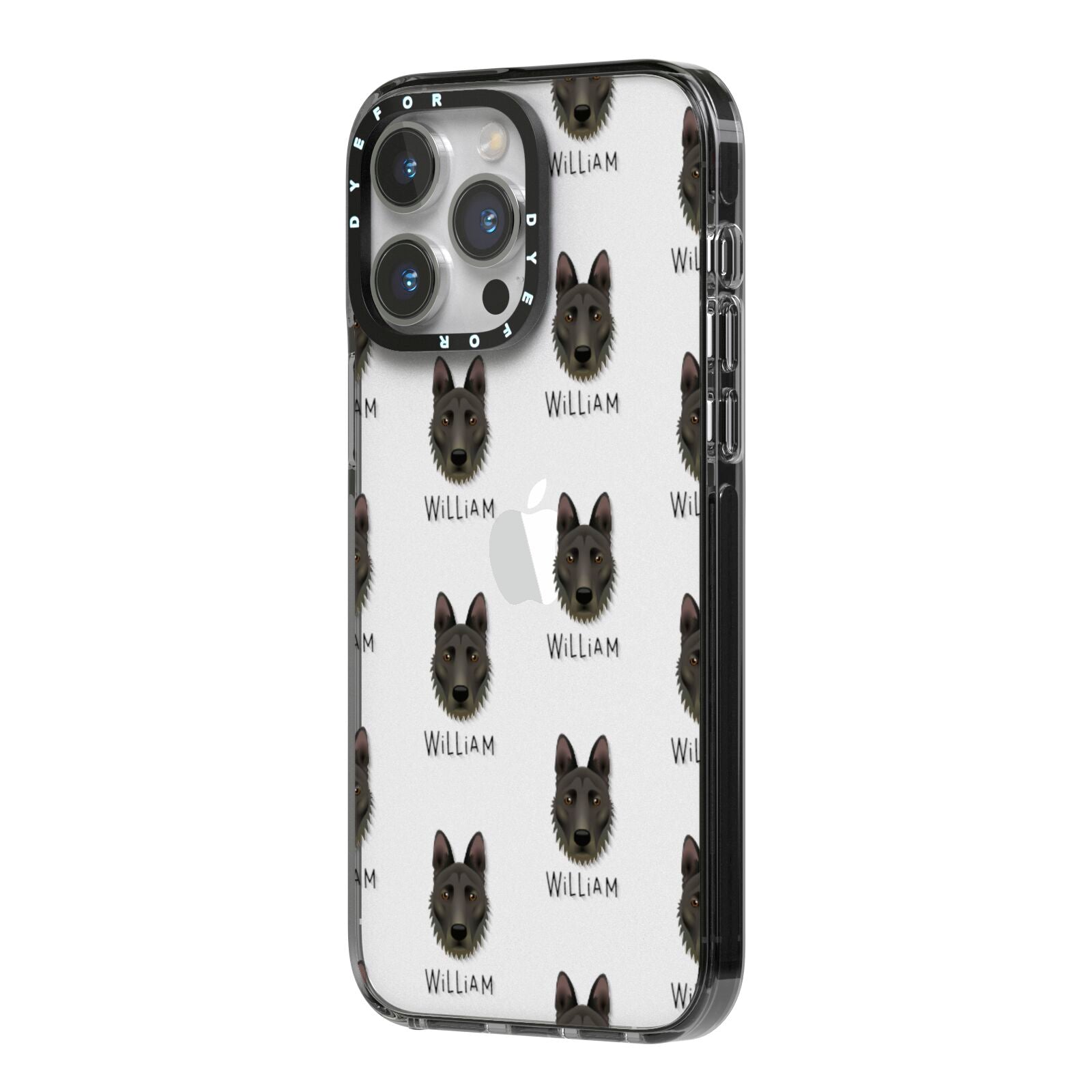 Dutch Shepherd Icon with Name iPhone 14 Pro Max Black Impact Case Side Angle on Silver phone