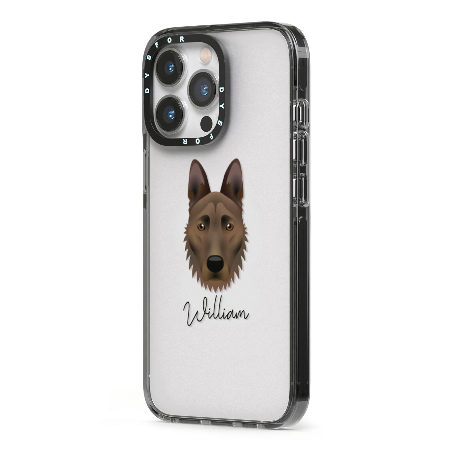 Dutch Shepherd Personalised iPhone 13 Pro Black Impact Case Side Angle on Silver phone