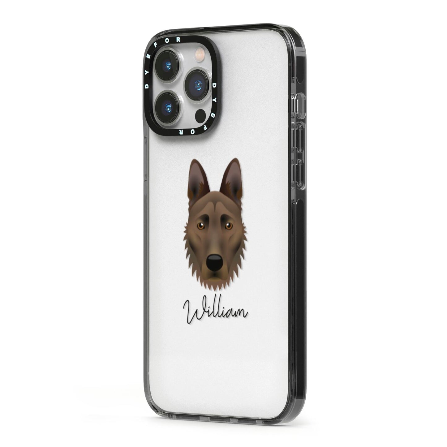 Dutch Shepherd Personalised iPhone 13 Pro Max Black Impact Case Side Angle on Silver phone