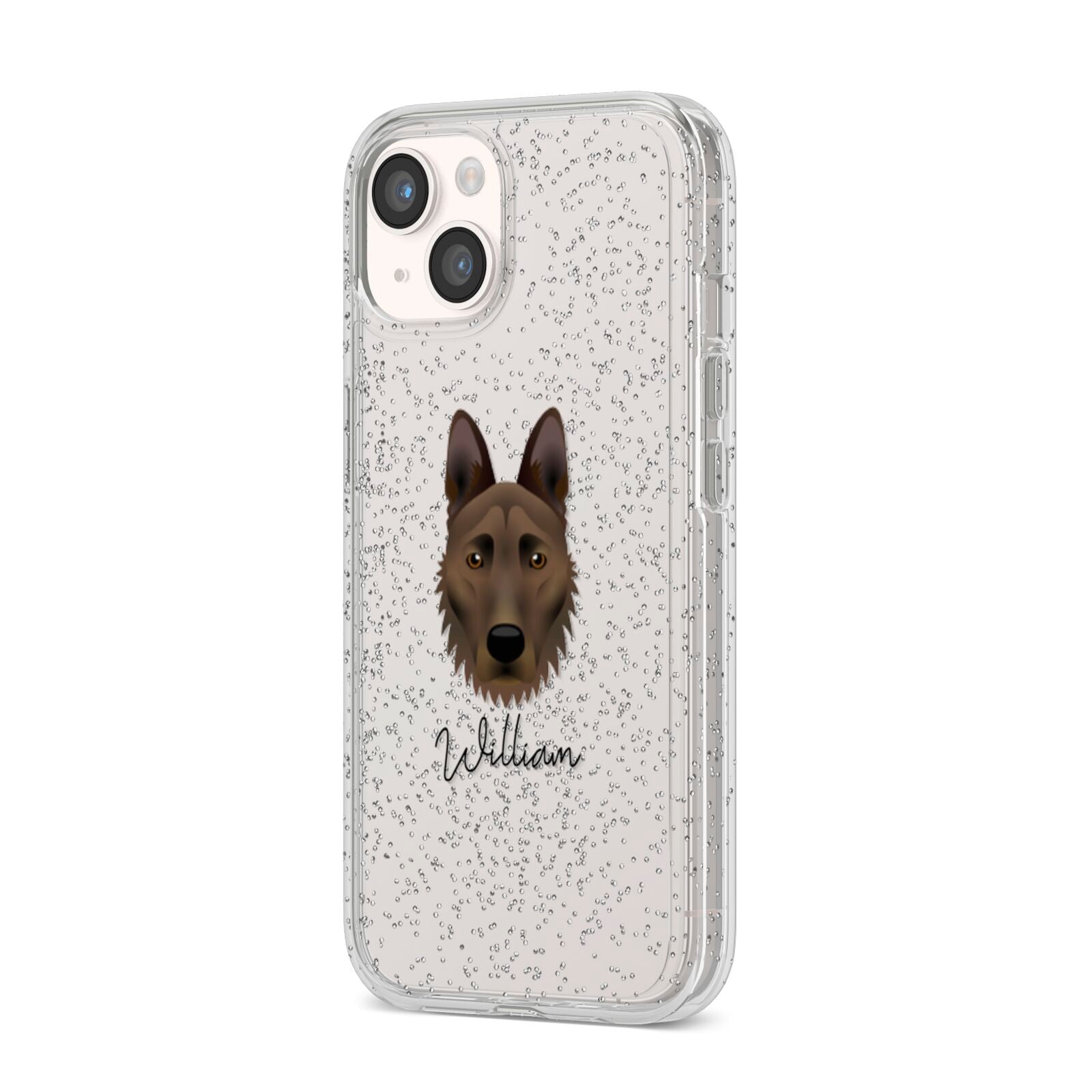 Dutch Shepherd Personalised iPhone 14 Glitter Tough Case Starlight Angled Image