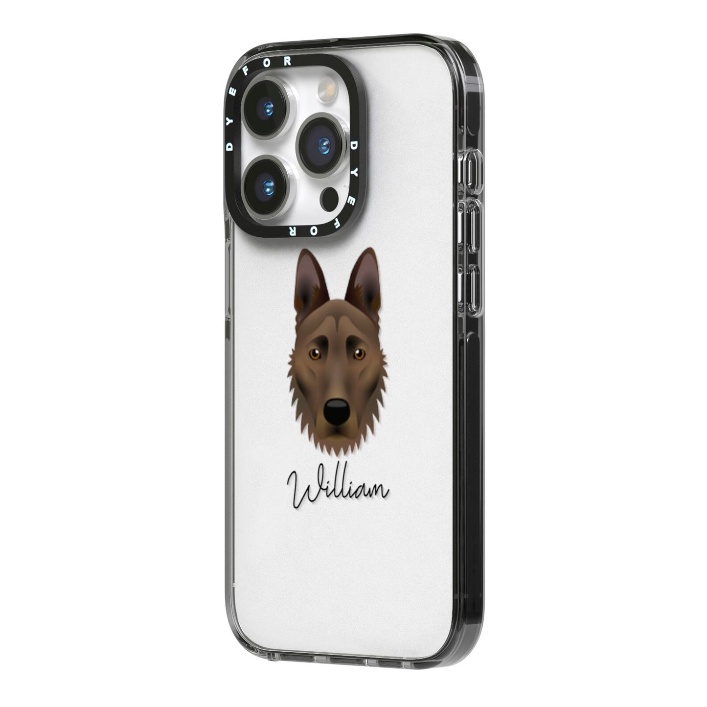 Dutch Shepherd Personalised iPhone 14 Pro Black Impact Case Side Angle on Silver phone