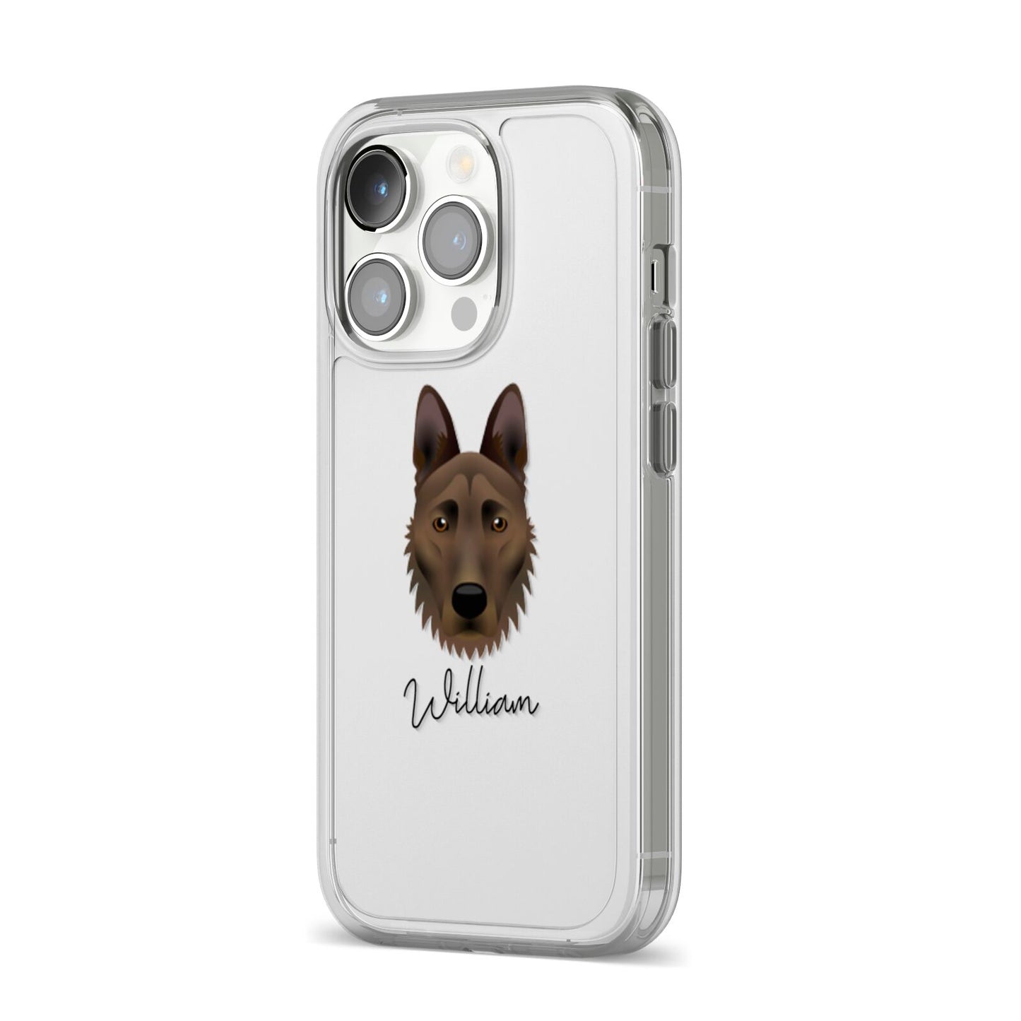 Dutch Shepherd Personalised iPhone 14 Pro Clear Tough Case Silver Angled Image