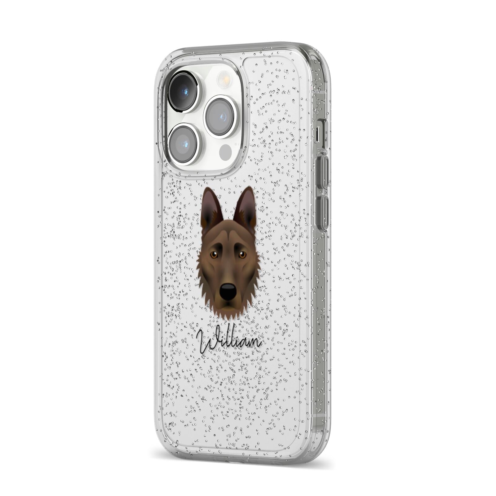 Dutch Shepherd Personalised iPhone 14 Pro Glitter Tough Case Silver Angled Image