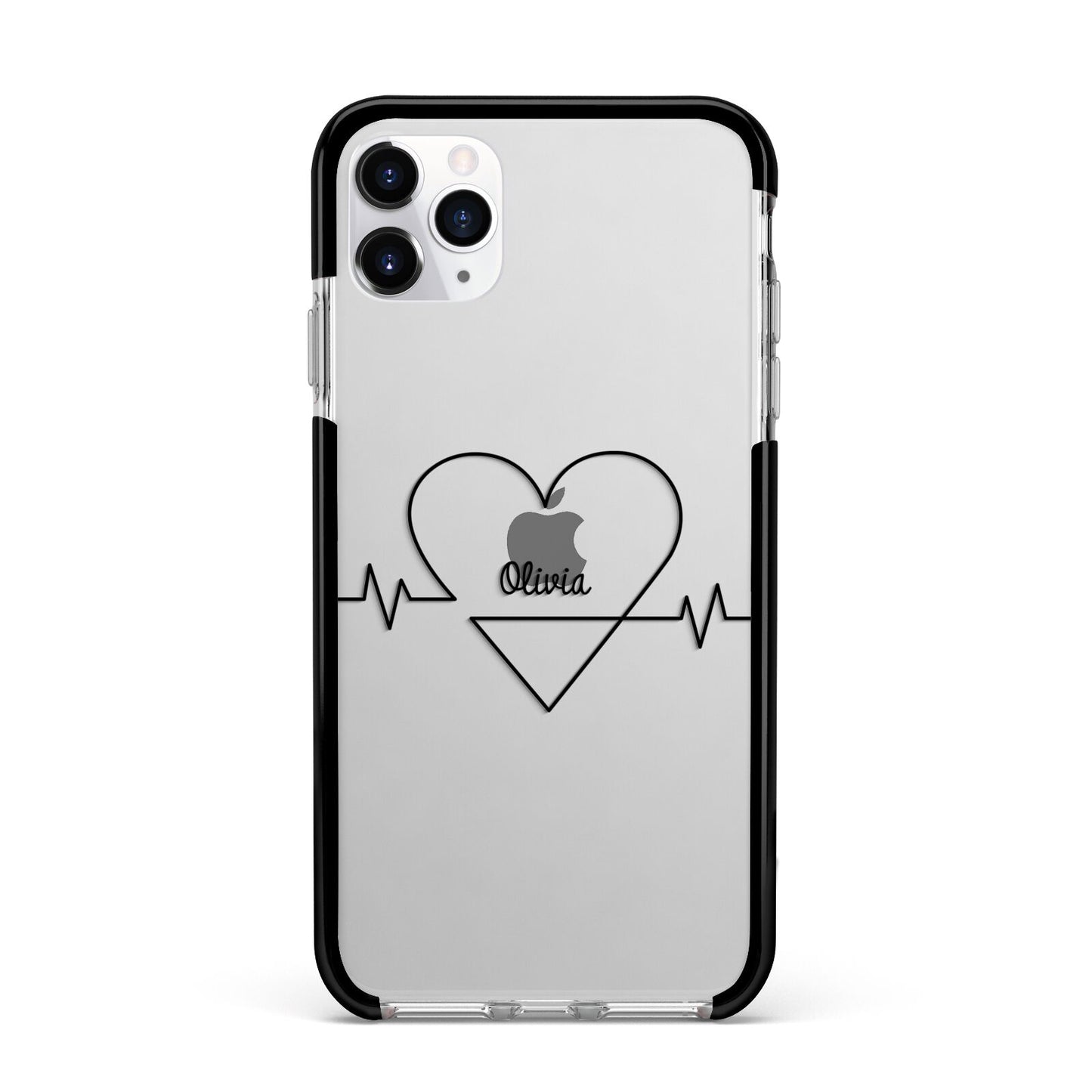 ECG Effect Heart Beats with Name Apple iPhone 11 Pro Max in Silver with Black Impact Case
