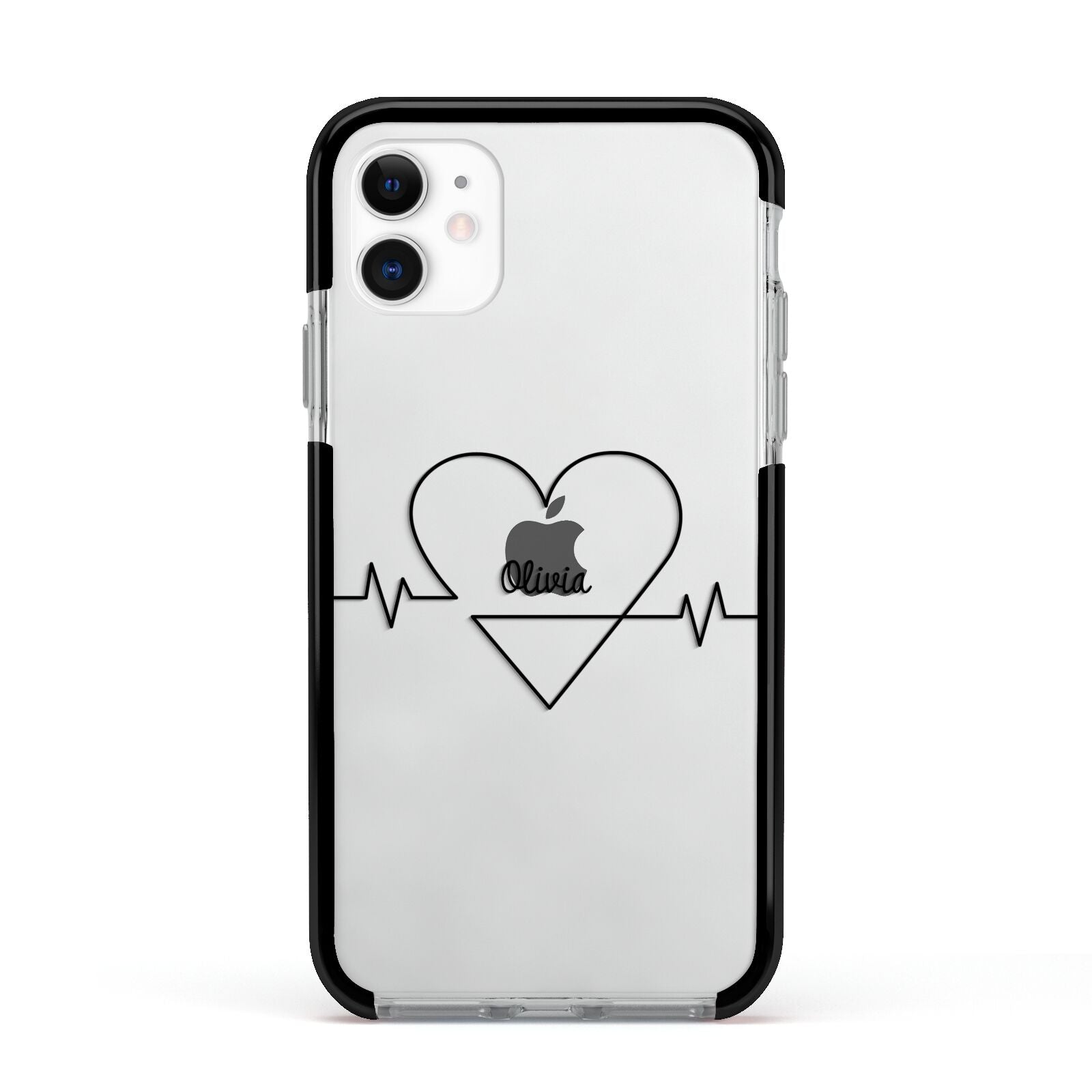 ECG Effect Heart Beats with Name Apple iPhone 11 in White with Black Impact Case