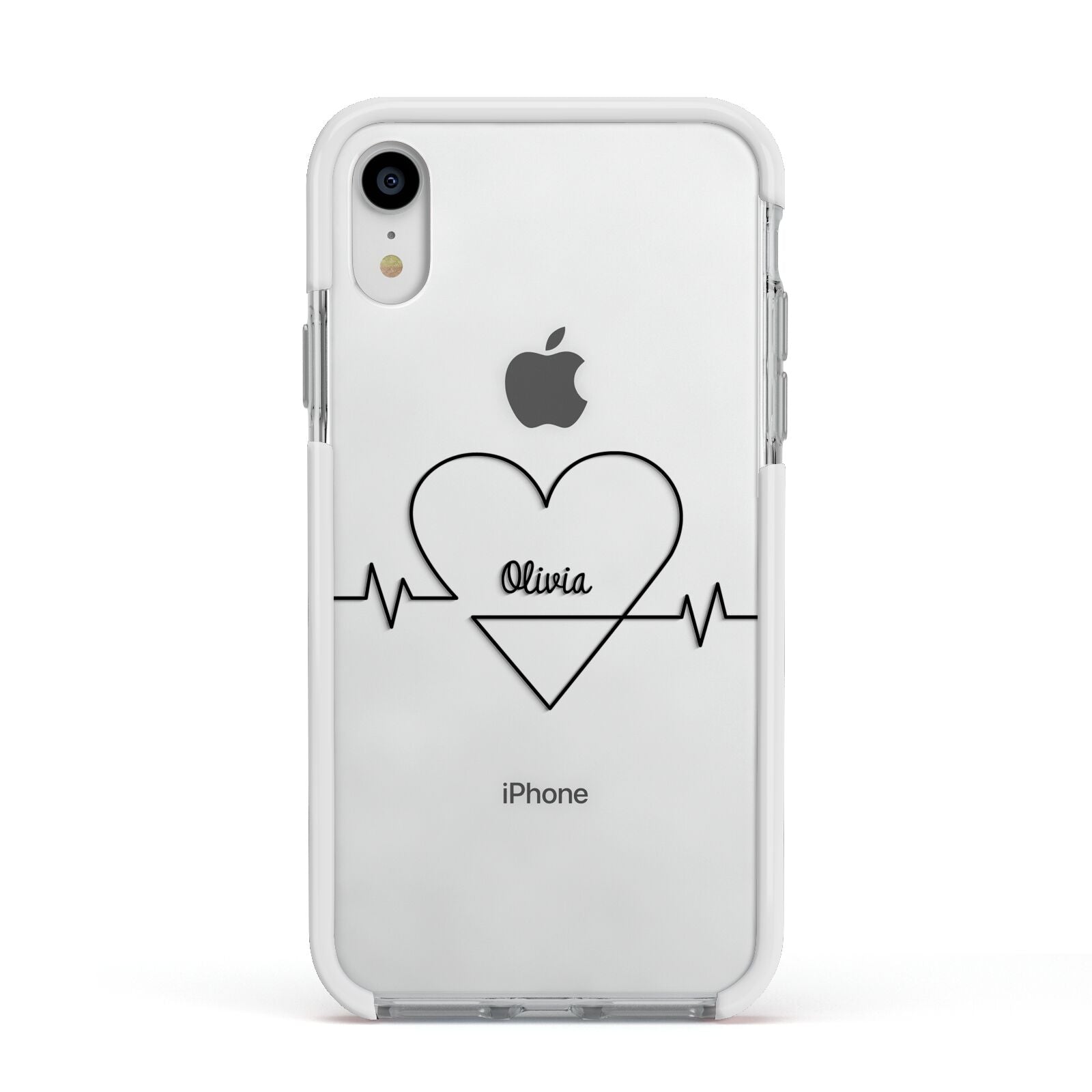 ECG Effect Heart Beats with Name Apple iPhone XR Impact Case White Edge on Silver Phone