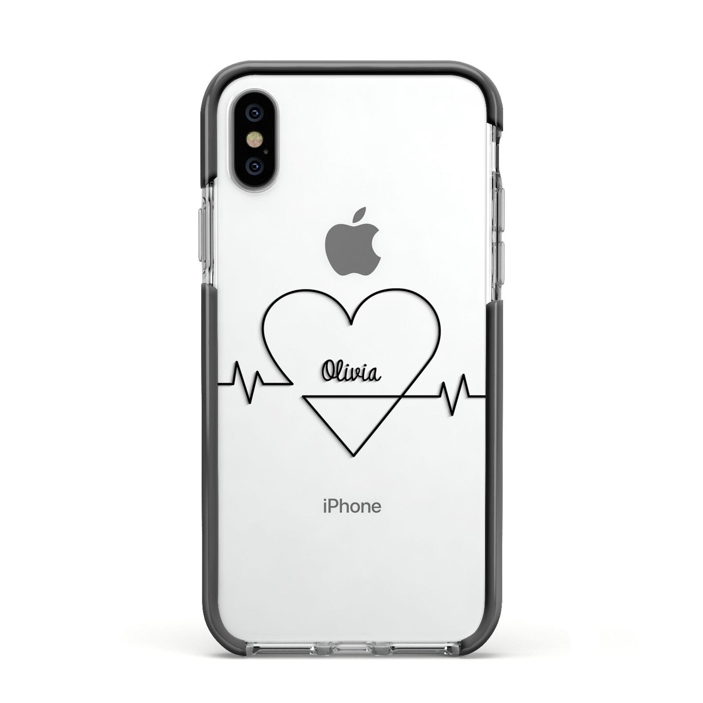 ECG Effect Heart Beats with Name Apple iPhone Xs Impact Case Black Edge on Silver Phone