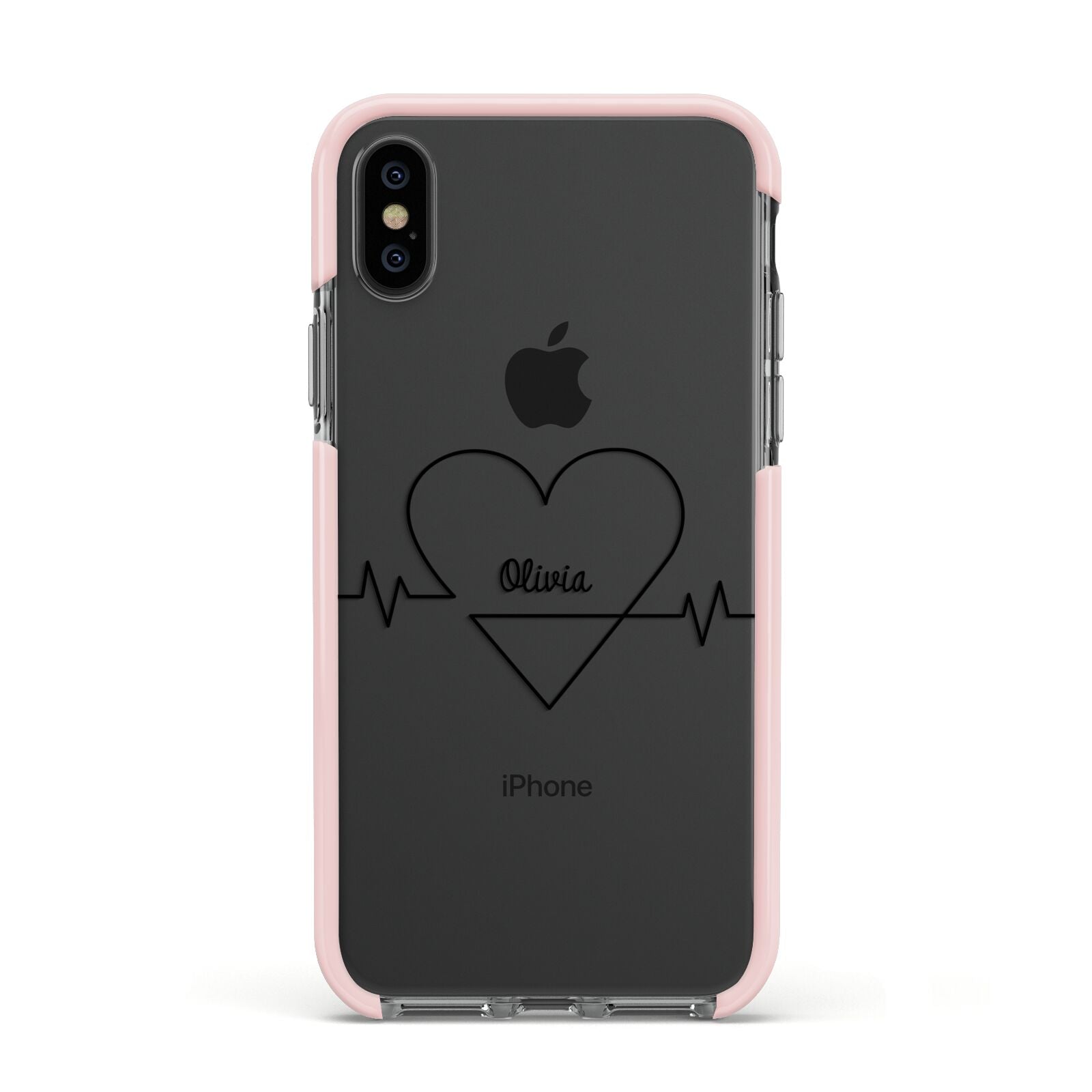 ECG Effect Heart Beats with Name Apple iPhone Xs Impact Case Pink Edge on Black Phone