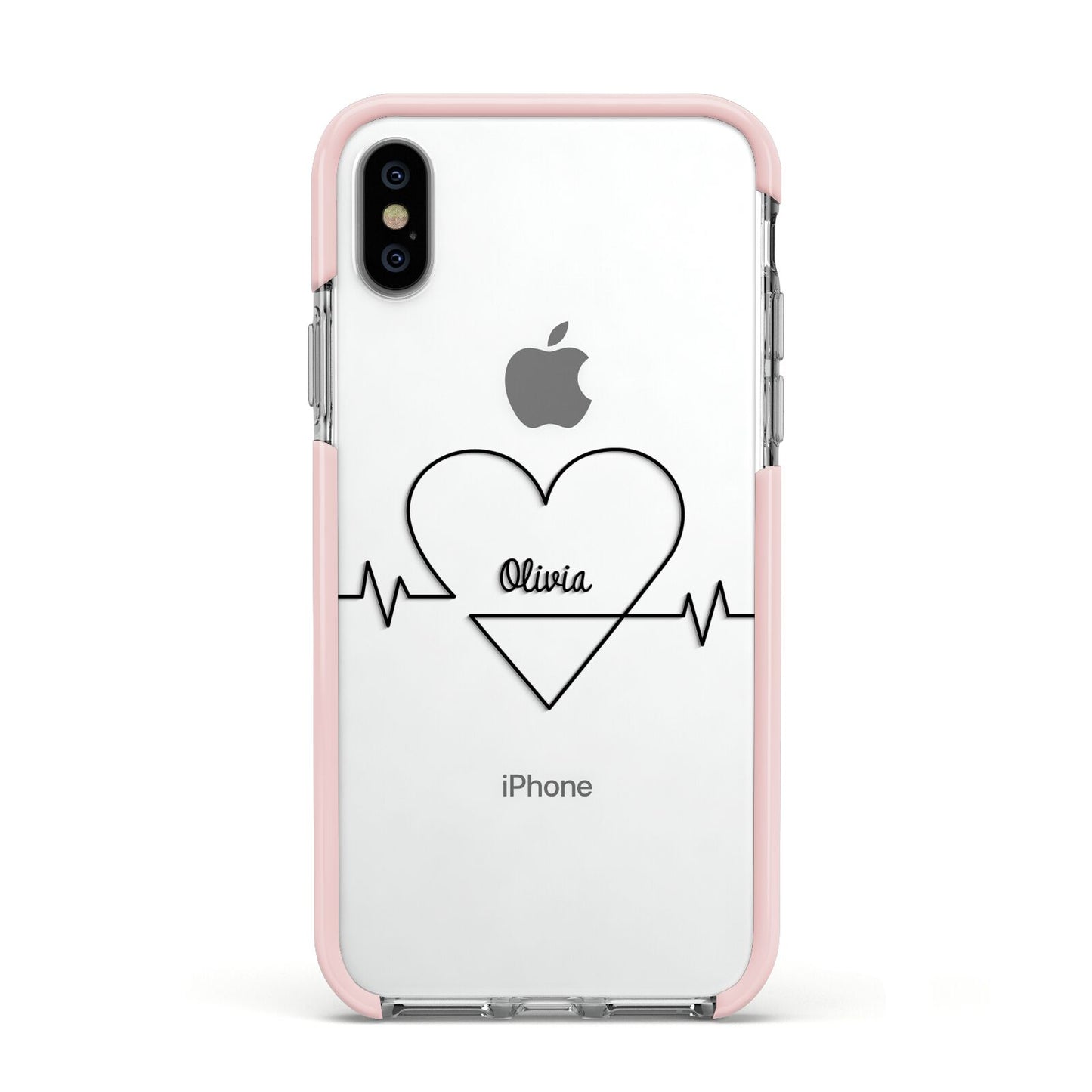 ECG Effect Heart Beats with Name Apple iPhone Xs Impact Case Pink Edge on Silver Phone