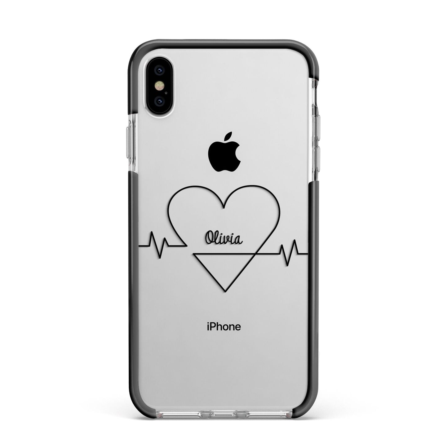 ECG Effect Heart Beats with Name Apple iPhone Xs Max Impact Case Black Edge on Silver Phone