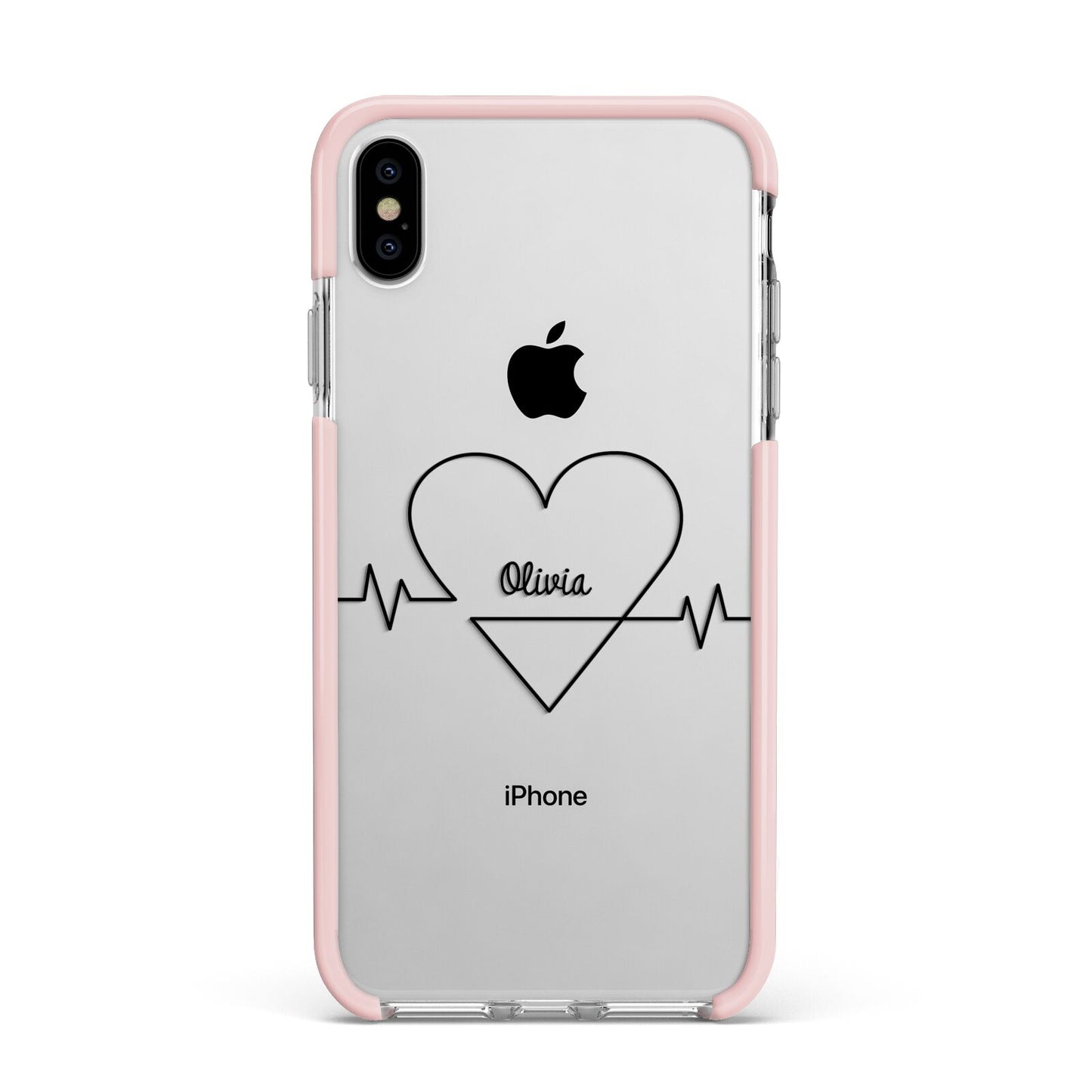 ECG Effect Heart Beats with Name Apple iPhone Xs Max Impact Case Pink Edge on Silver Phone