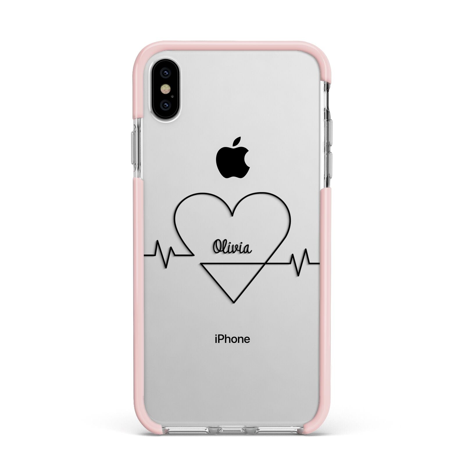 ECG Effect Heart Beats with Name Apple iPhone Xs Max Impact Case Pink Edge on Silver Phone