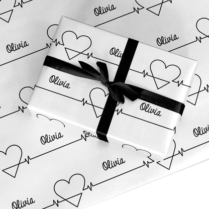 ECG Effect Heart Beats with Name Custom Wrapping Paper