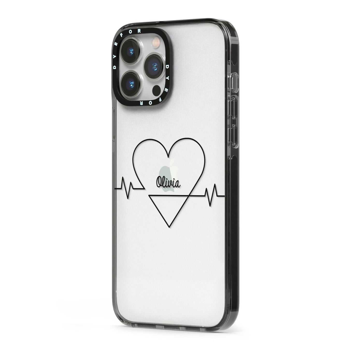 ECG Effect Heart Beats with Name iPhone 13 Pro Max Black Impact Case Side Angle on Silver phone