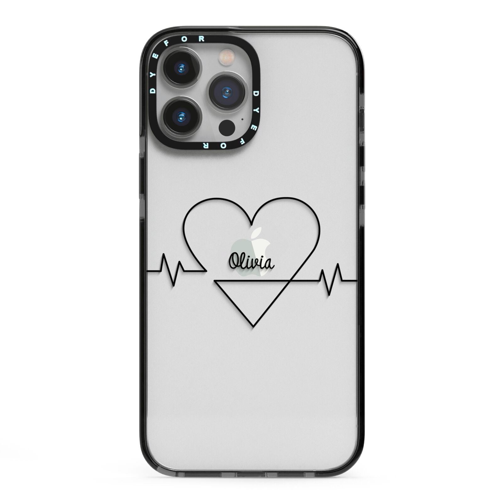 ECG Effect Heart Beats with Name iPhone 13 Pro Max Black Impact Case on Silver phone