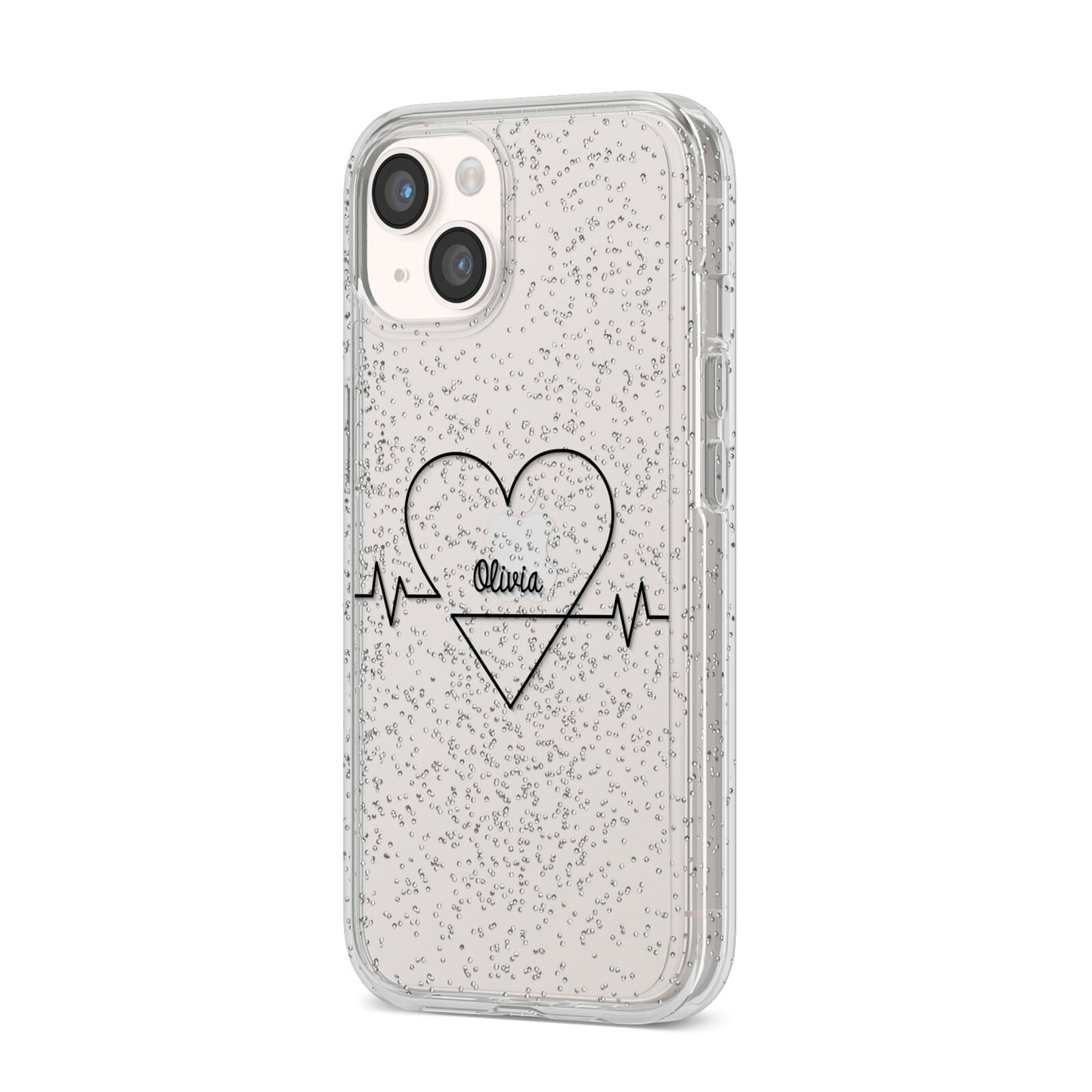 ECG Effect Heart Beats with Name iPhone 14 Glitter Tough Case Starlight Angled Image