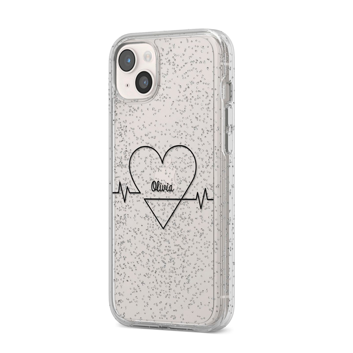 ECG Effect Heart Beats with Name iPhone 14 Plus Glitter Tough Case Starlight Angled Image