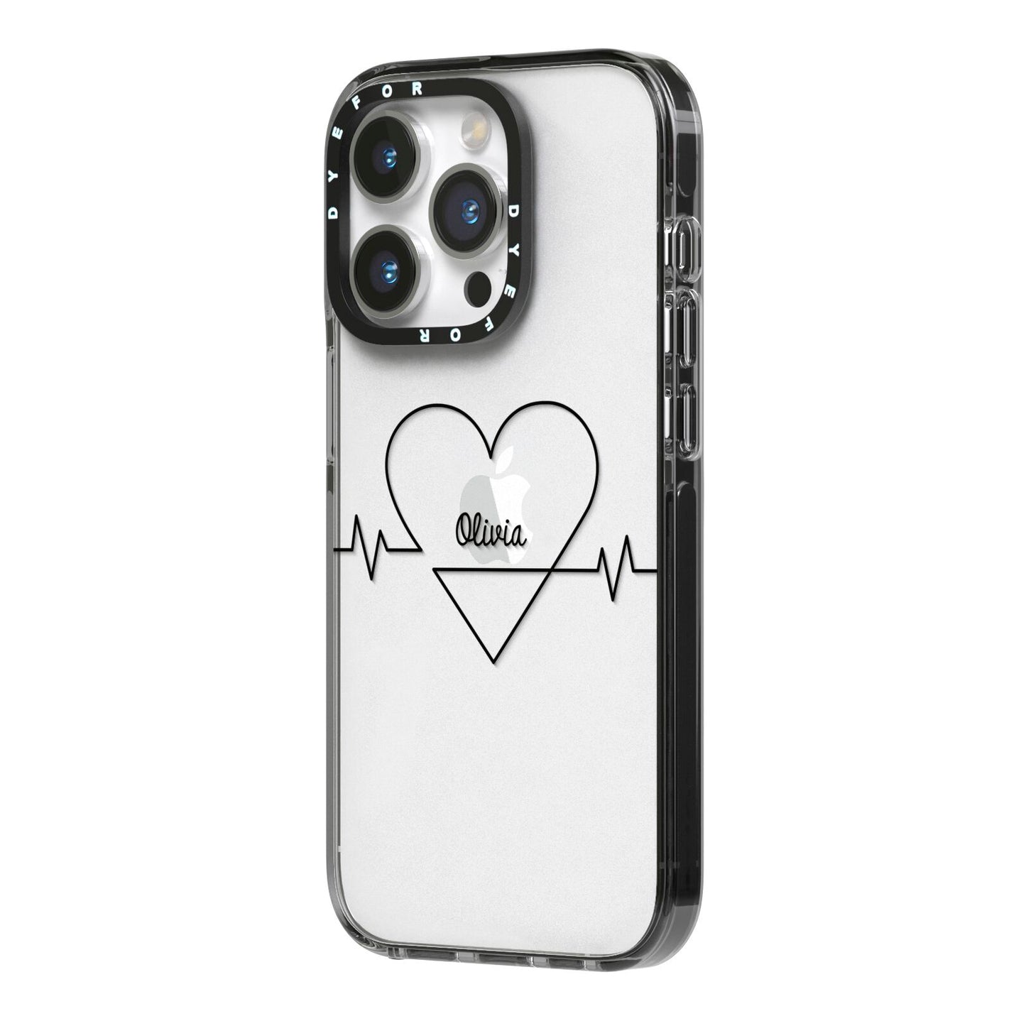 ECG Effect Heart Beats with Name iPhone 14 Pro Black Impact Case Side Angle on Silver phone