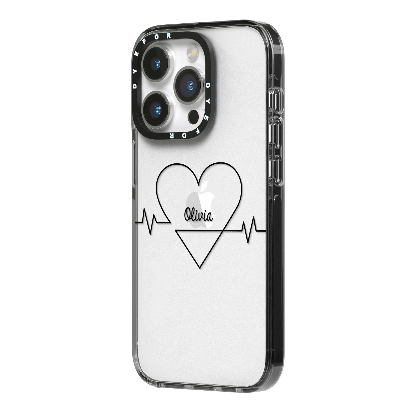 ECG Effect Heart Beats with Name iPhone 14 Pro Black Impact Case Side Angle on Silver phone