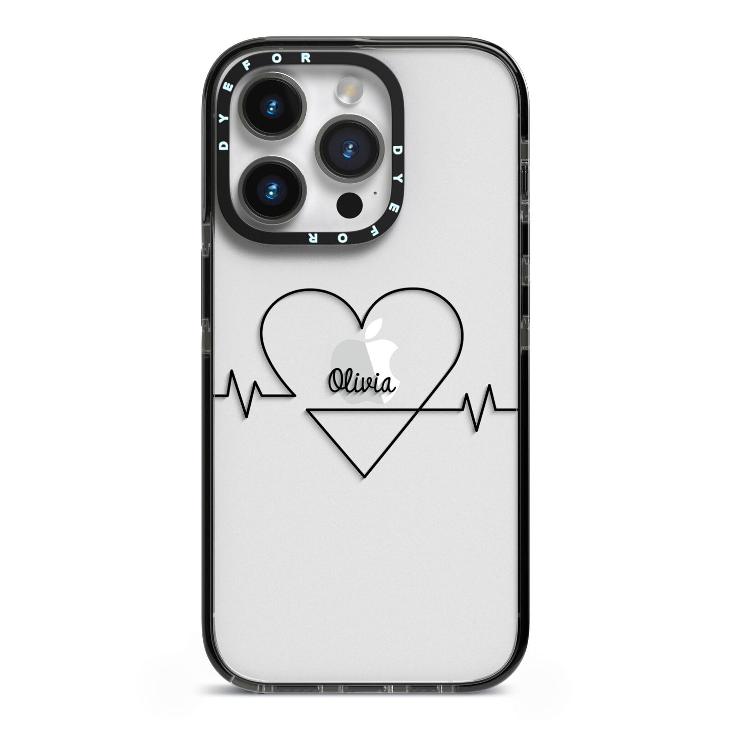 ECG Effect Heart Beats with Name iPhone 14 Pro Black Impact Case on Silver phone