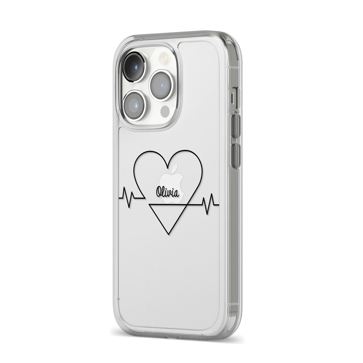ECG Effect Heart Beats with Name iPhone 14 Pro Clear Tough Case Silver Angled Image