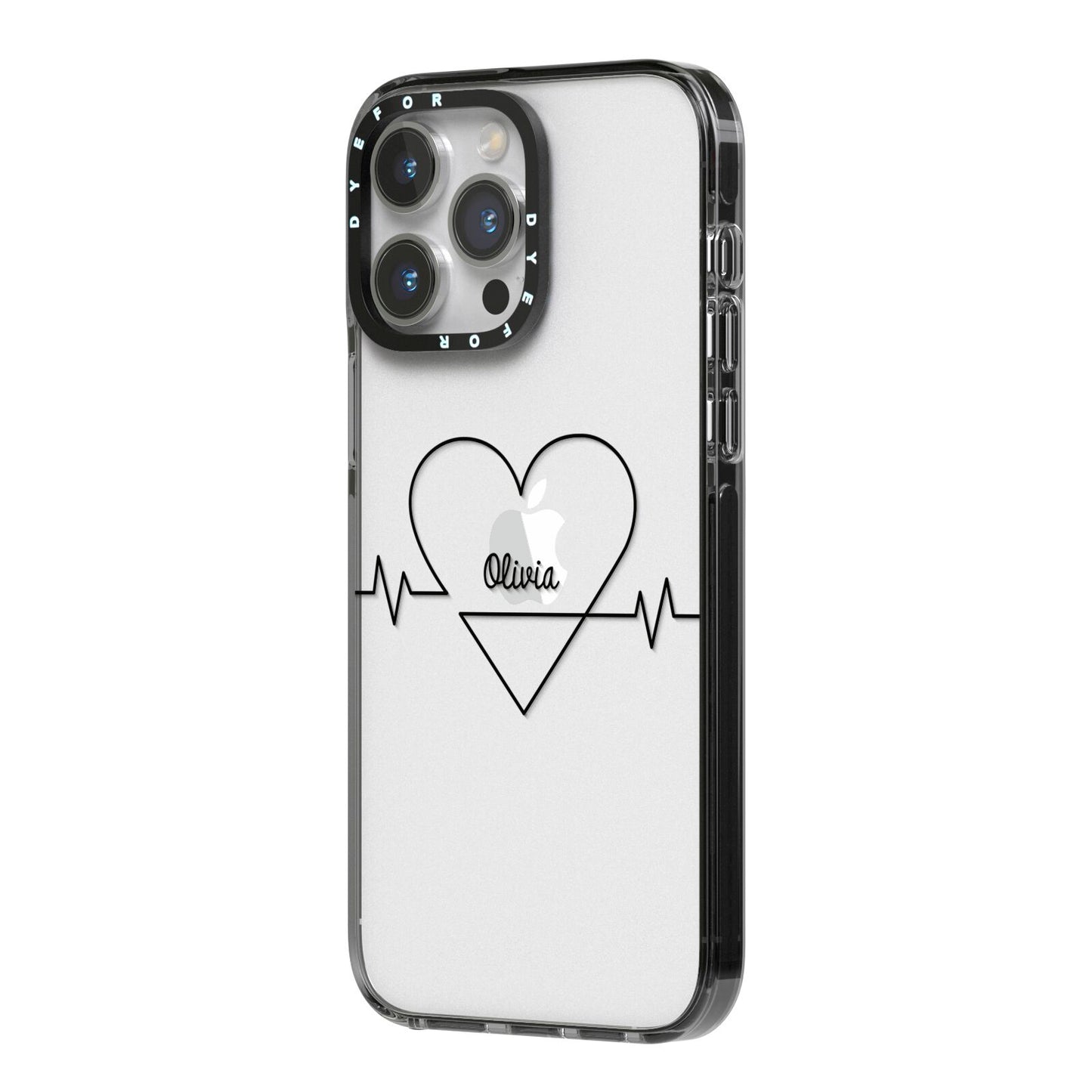 ECG Effect Heart Beats with Name iPhone 14 Pro Max Black Impact Case Side Angle on Silver phone
