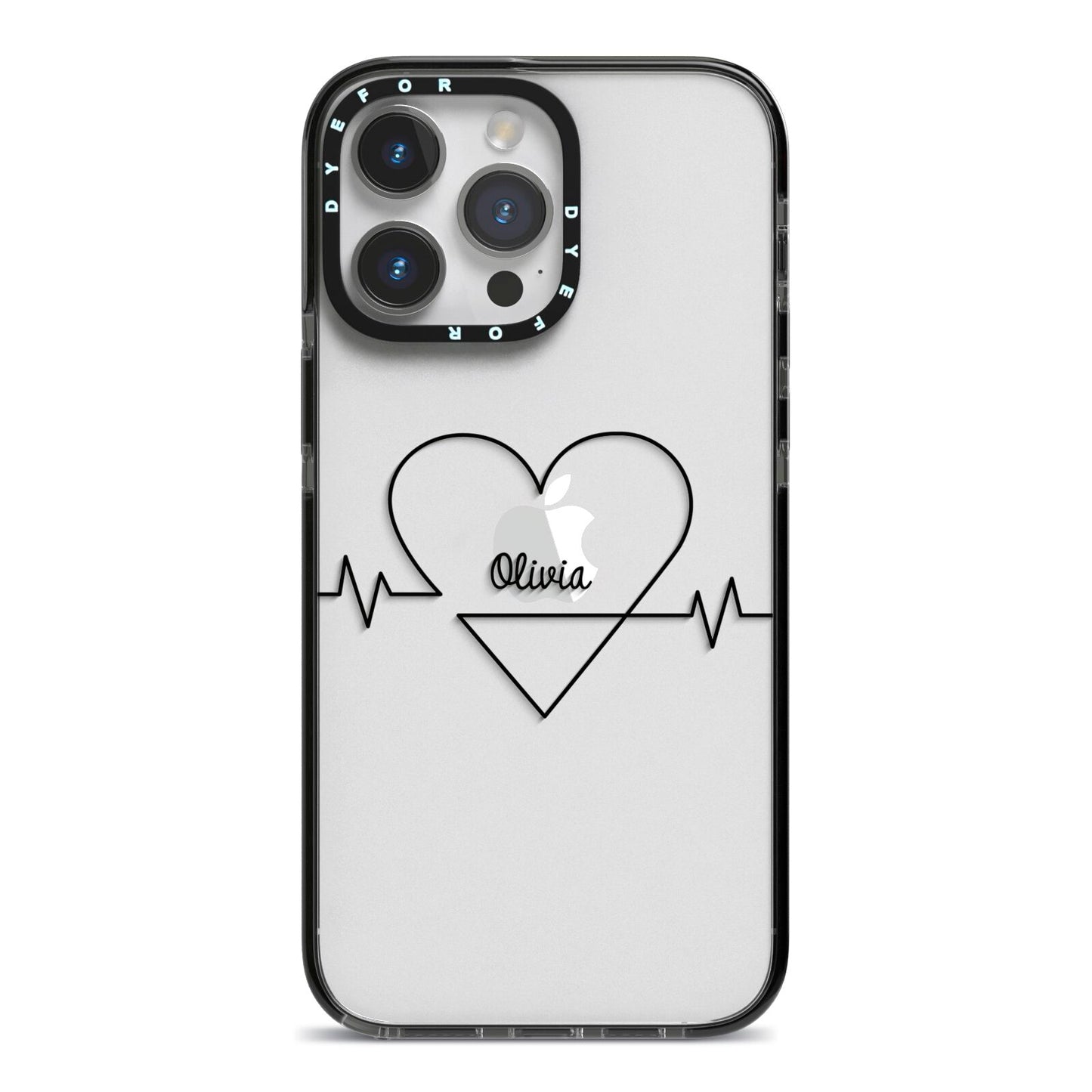 ECG Effect Heart Beats with Name iPhone 14 Pro Max Black Impact Case on Silver phone