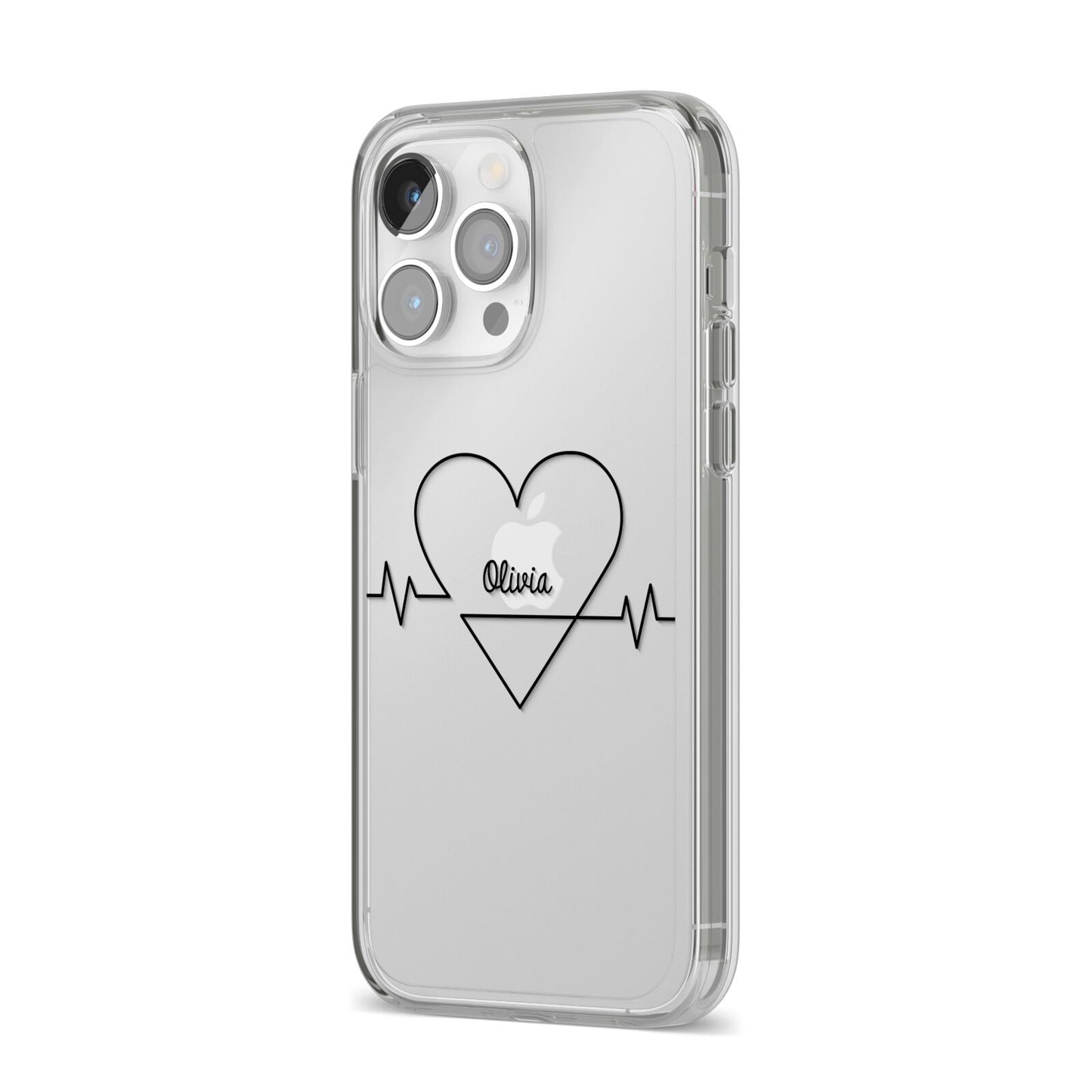 ECG Effect Heart Beats with Name iPhone 14 Pro Max Clear Tough Case Silver Angled Image