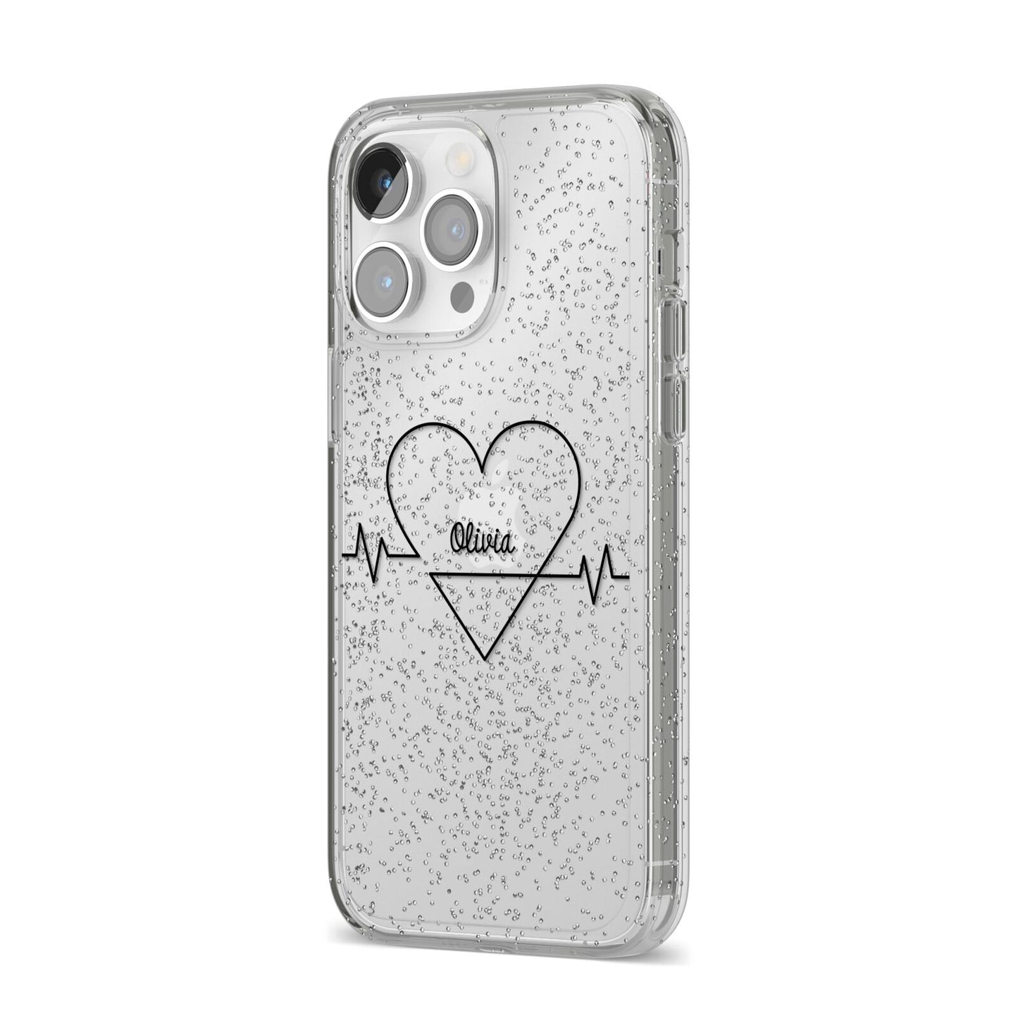 ECG Effect Heart Beats with Name iPhone 14 Pro Max Glitter Tough Case Silver Angled Image